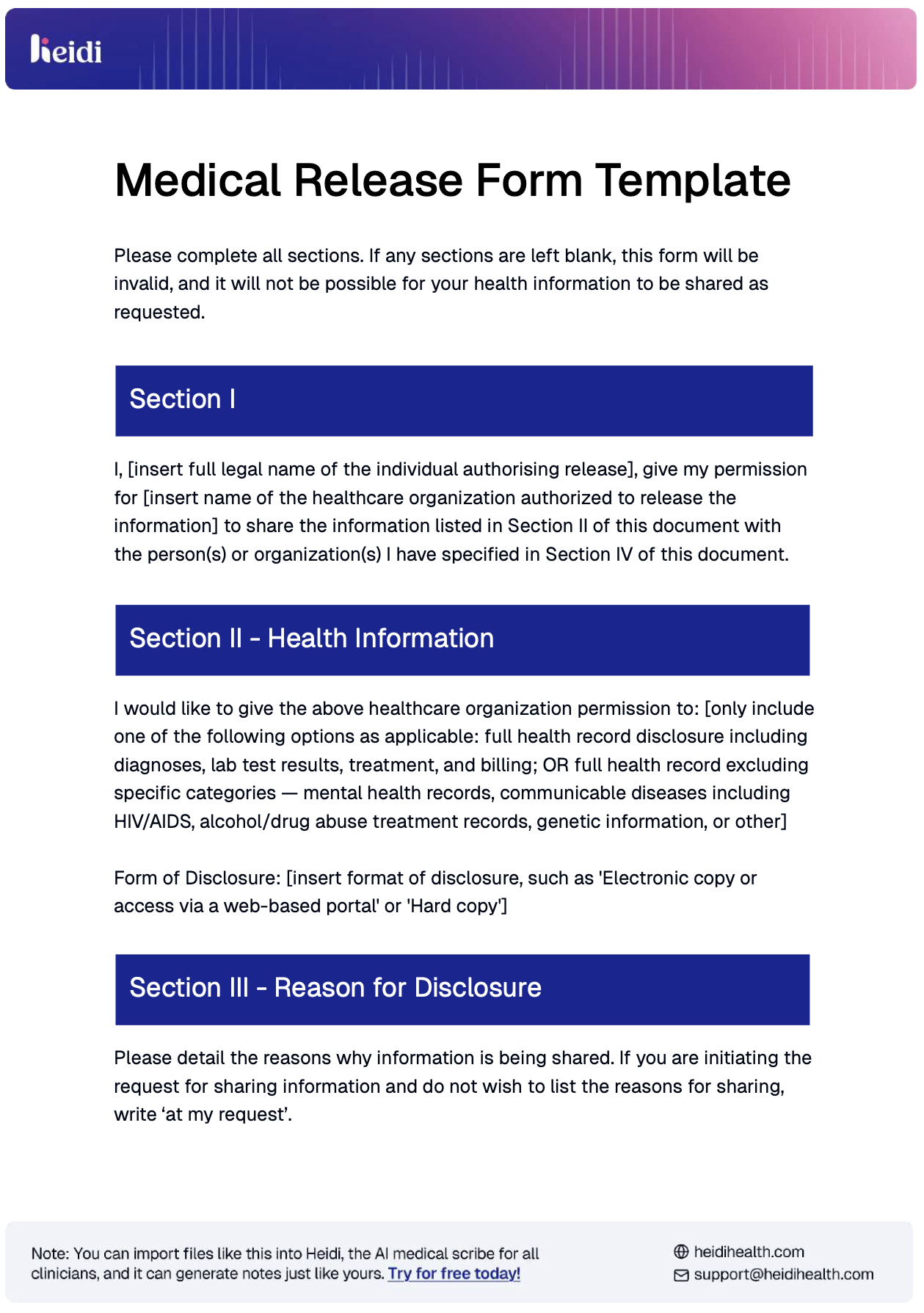 free printable medical records release form