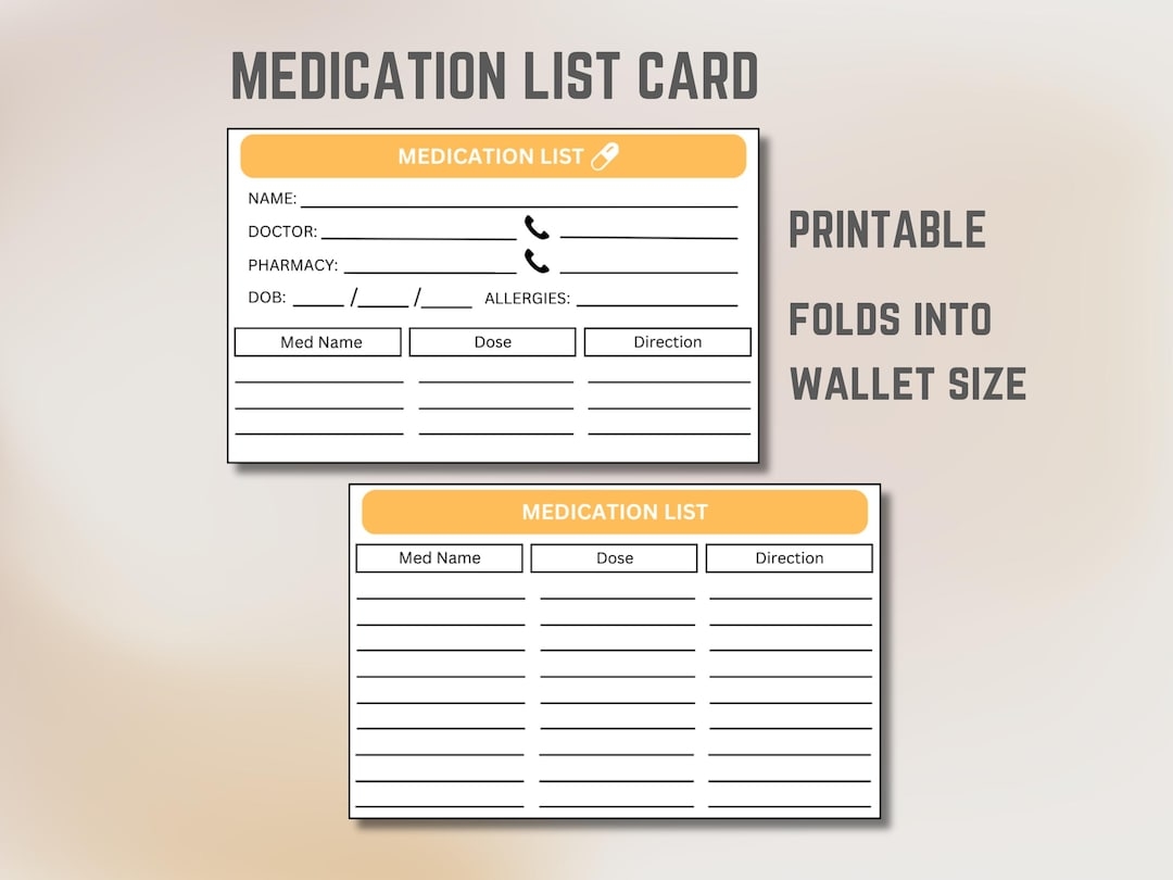 Medication List Card Wallet Card Pocket sized Medication Organizer Medical Emergency Reference Travel Card Medical Information Etsy Medication List Card Wallet Card Pocket sized Medication Organizer Medical Emergency Reference Travel Card Medical Information Etsy