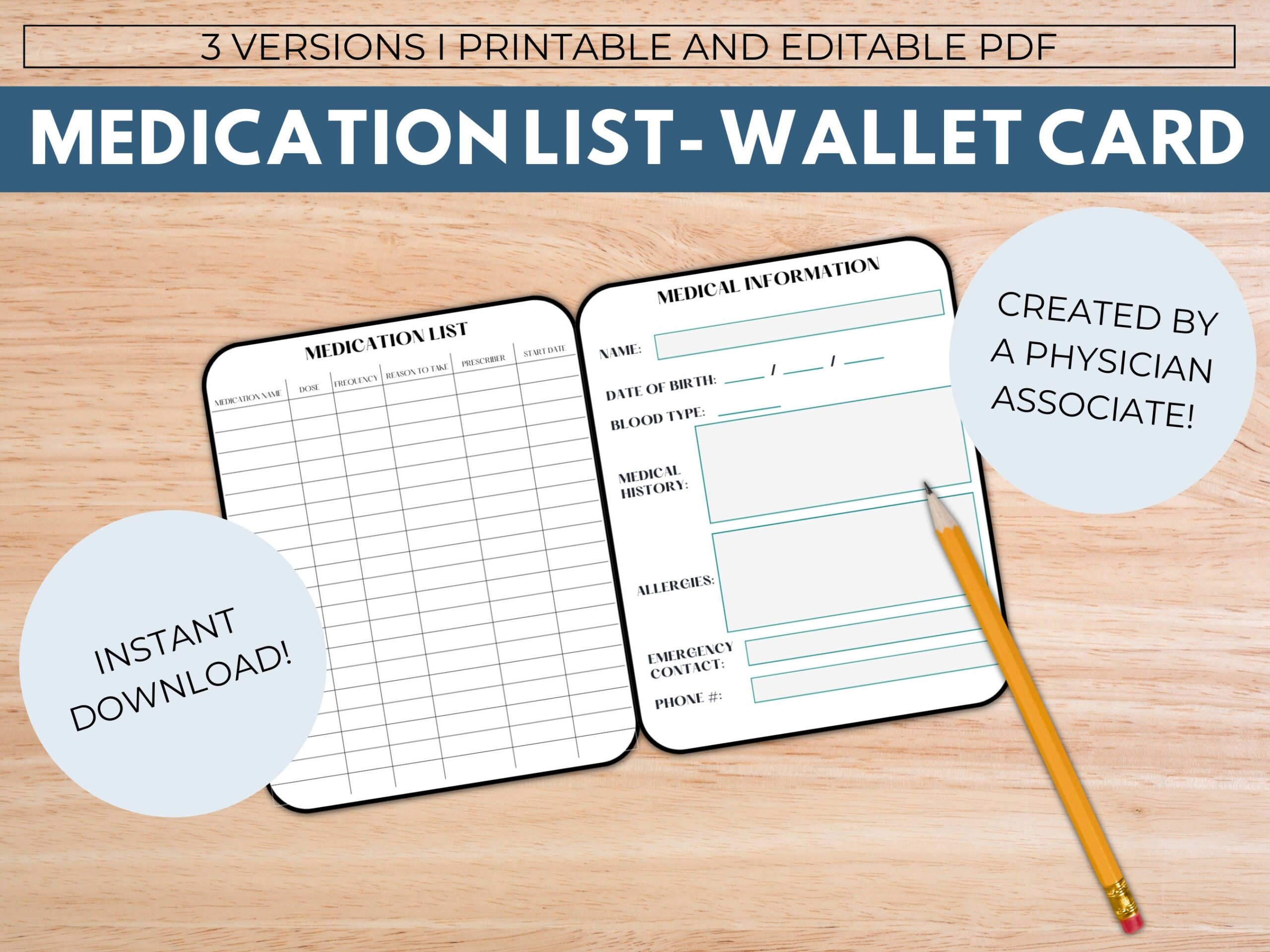 Medication List Wallet Card With Emergency Contact And Medical Information Etsy UK