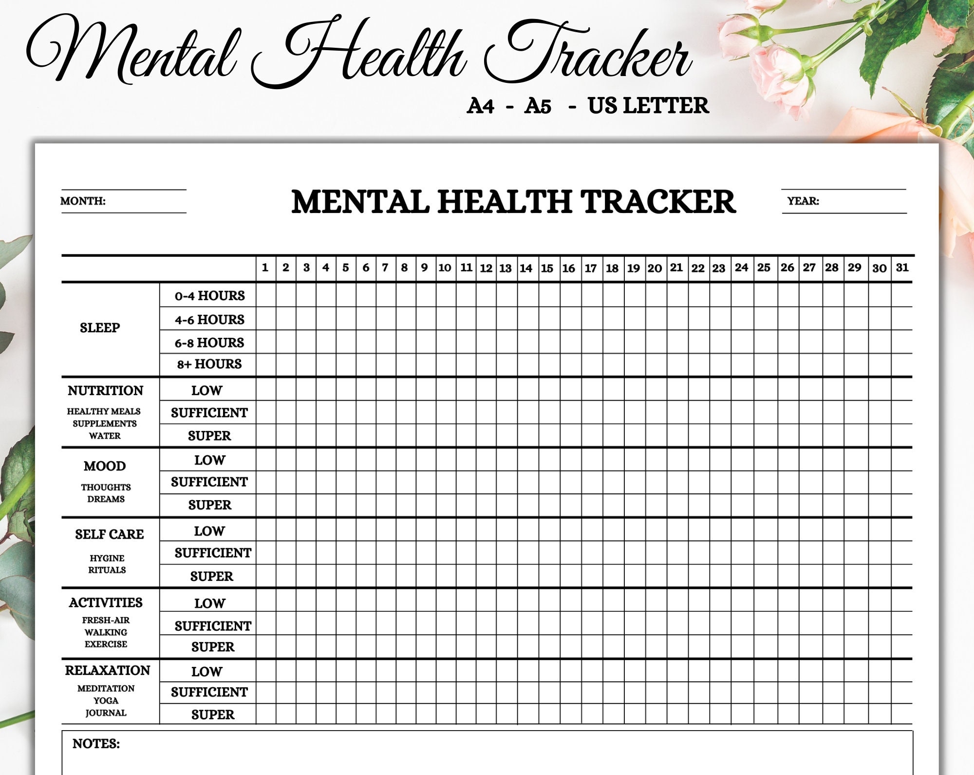 Mental Health Tracker Printable Tracker Tracker Template Digital Download Etsy