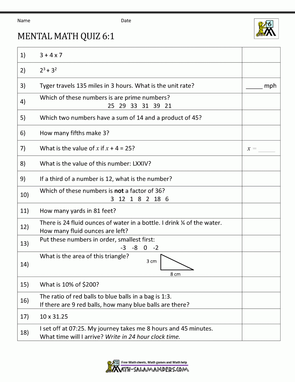 6th grade math assessment test printable