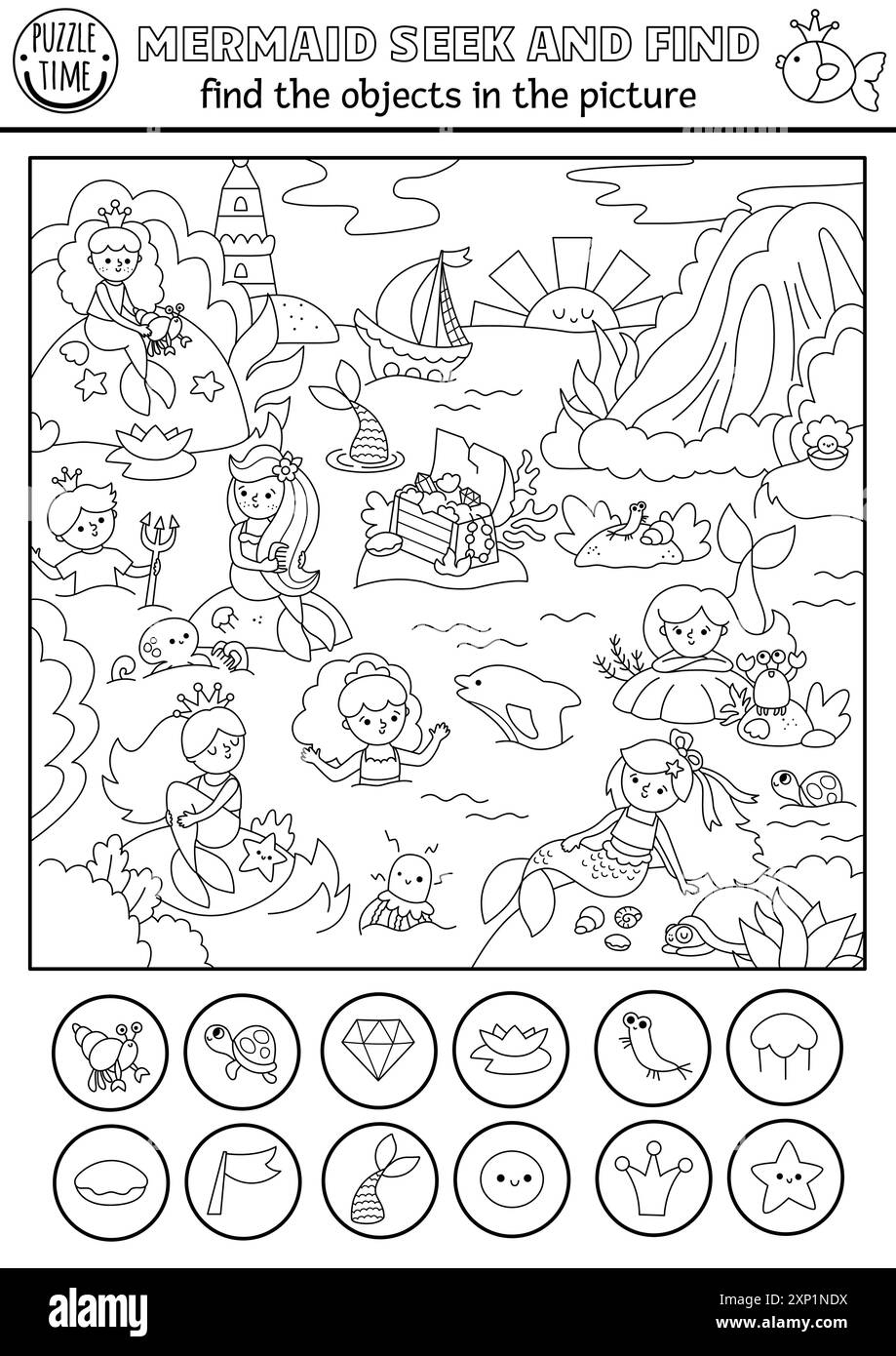 Mermaid Vector Black And White Searching Game With Sea Lagoon 