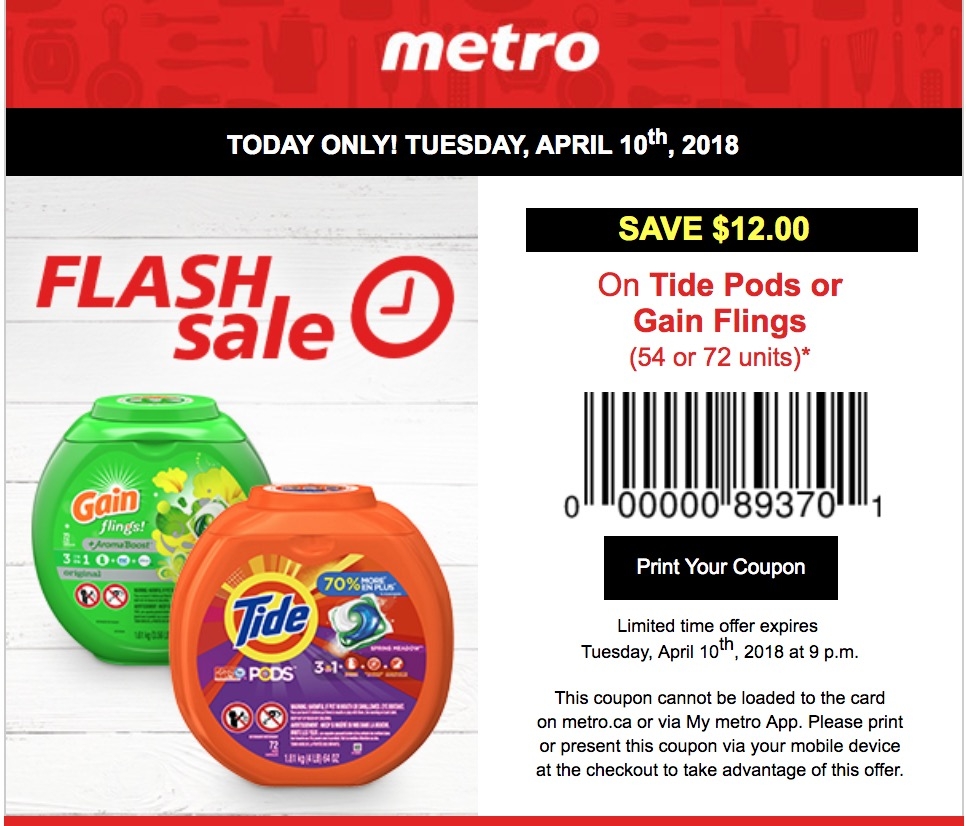 Metro Canada Flash Sale Today Only Save 12 On Tide Pods Or Gain Flings HOT Canadian Freebies Coupons Deals Bargains Flyers Contests Canada Canadian Freebies Coupons Deals Bargains Flyers Contests Canada