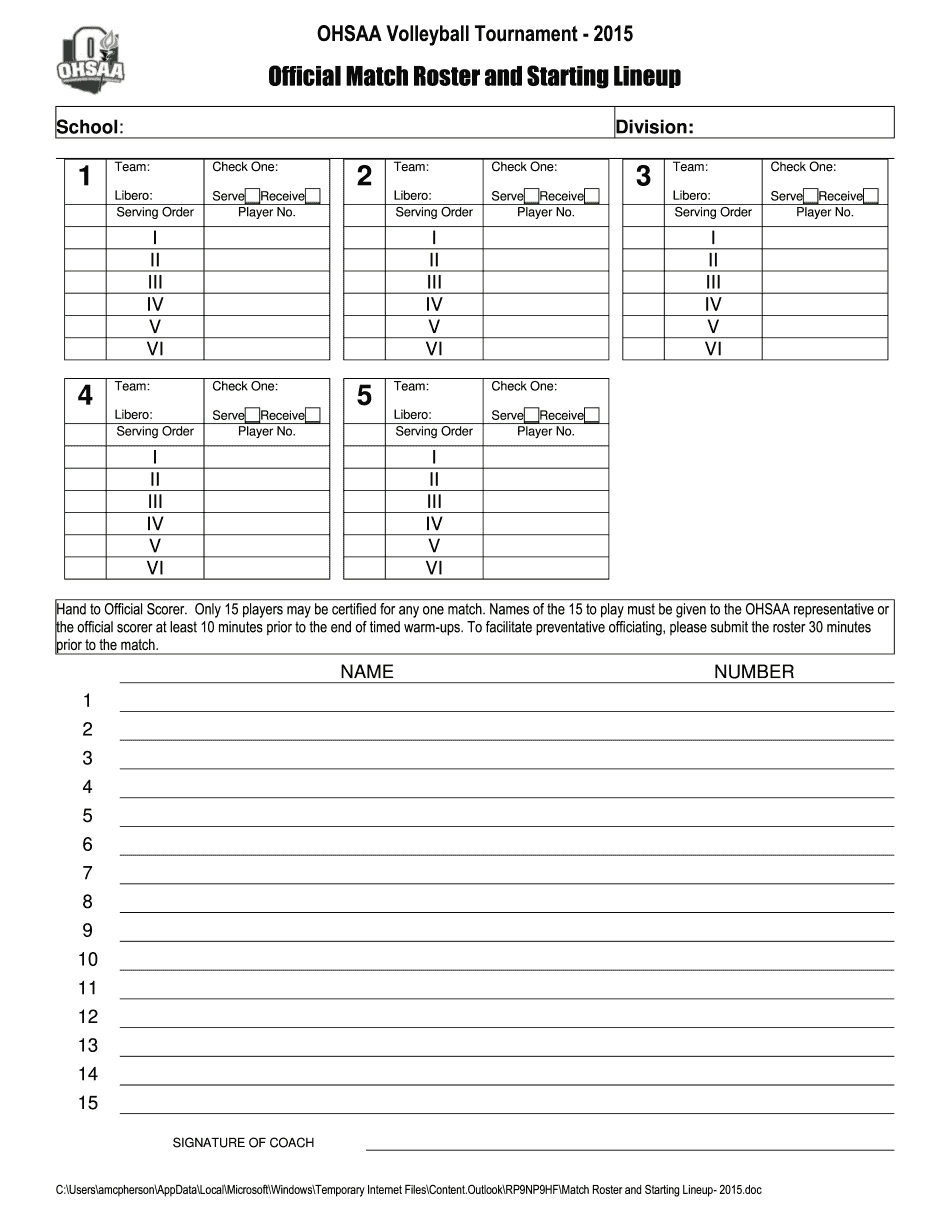 Middle School Volleyball Lineup Sheet Printable Blank PDF Online