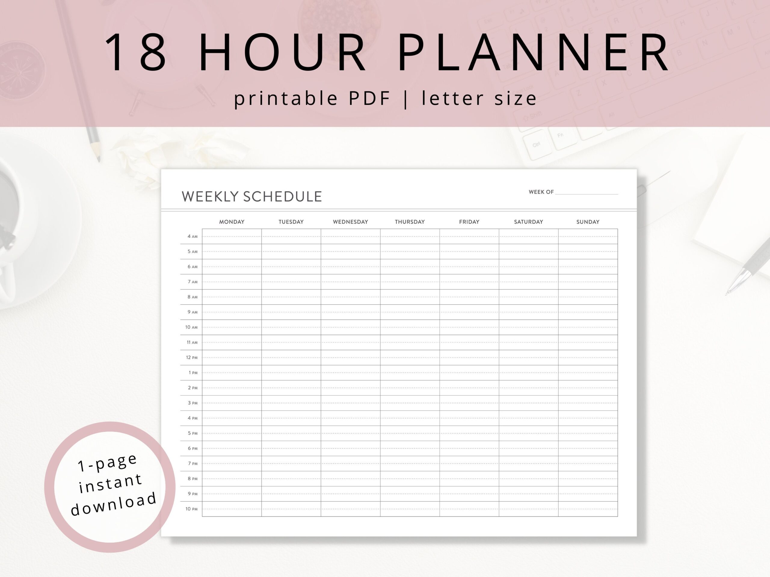 Minimalist Weekly 18 Hour Planner PDF Template For Calendar Minimalist Weekly 18 Hour Planner PDF Template For Calendar