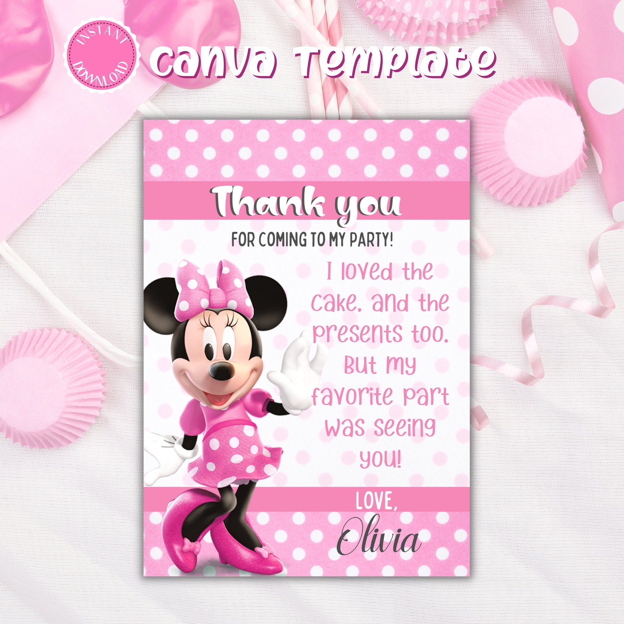 Minnie Mouse Thank You Card Digital Download Canva Template Minnie Mouse Thank You Card Digital Download Canva Template