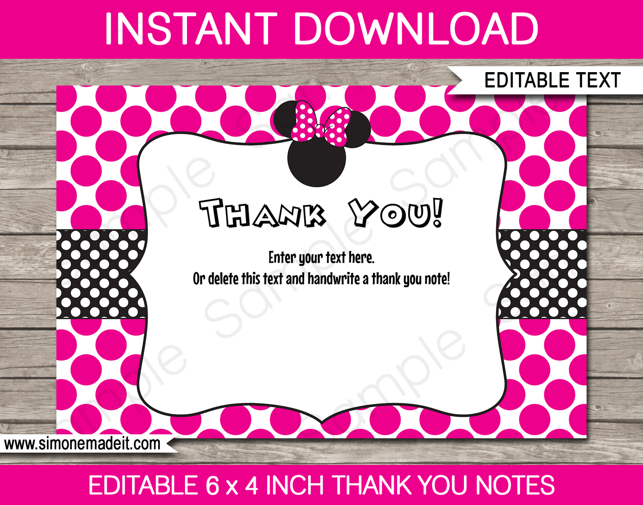 Minnie Mouse Thank You Cards Template Printable Birthday Party PDF Minnie Mouse Thank You Cards Template Printable Birthday Party PDF