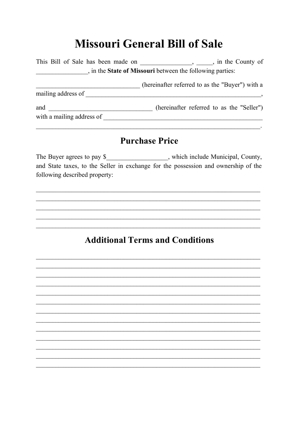 Missouri Generic Bill Of Sale Form Fill Out Sign Online And 