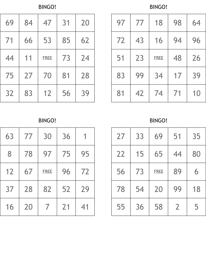 free printable bingo cards