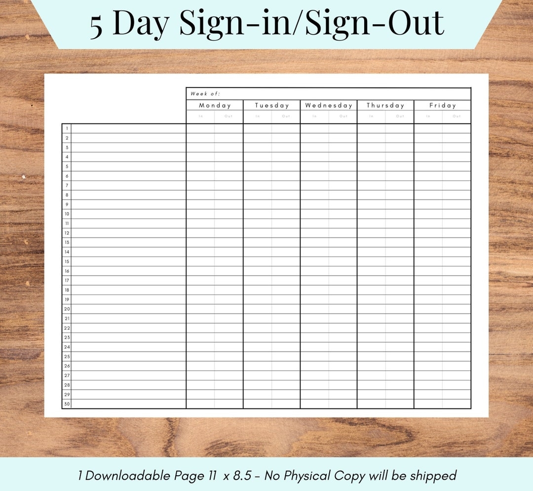 Mon fri Sign in Template Printable Sign in And Sign out Sheet Weekly Sign in Daycare Classroom U0026 Camp Tools Attendance Sheet PDF Etsy