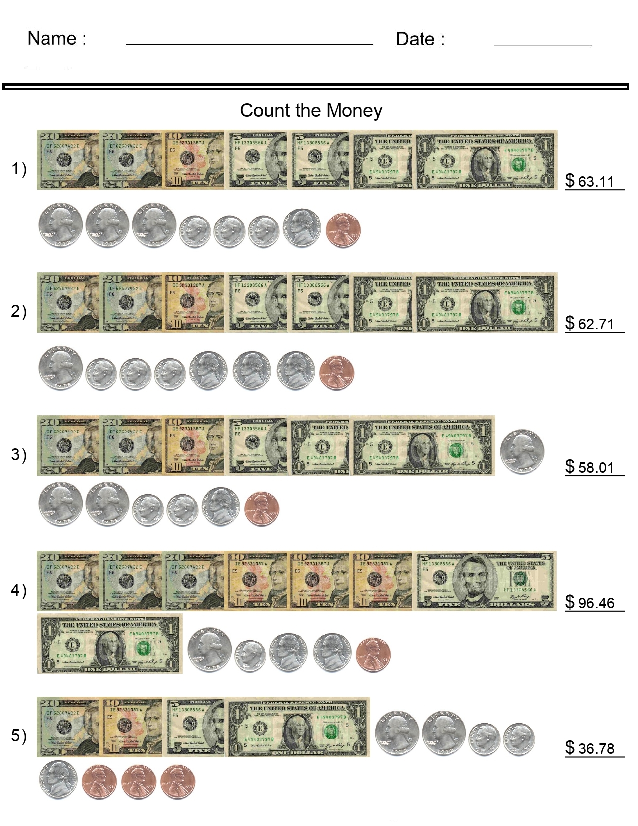 Money Worksheets Counting United States Bills And Coins Made 