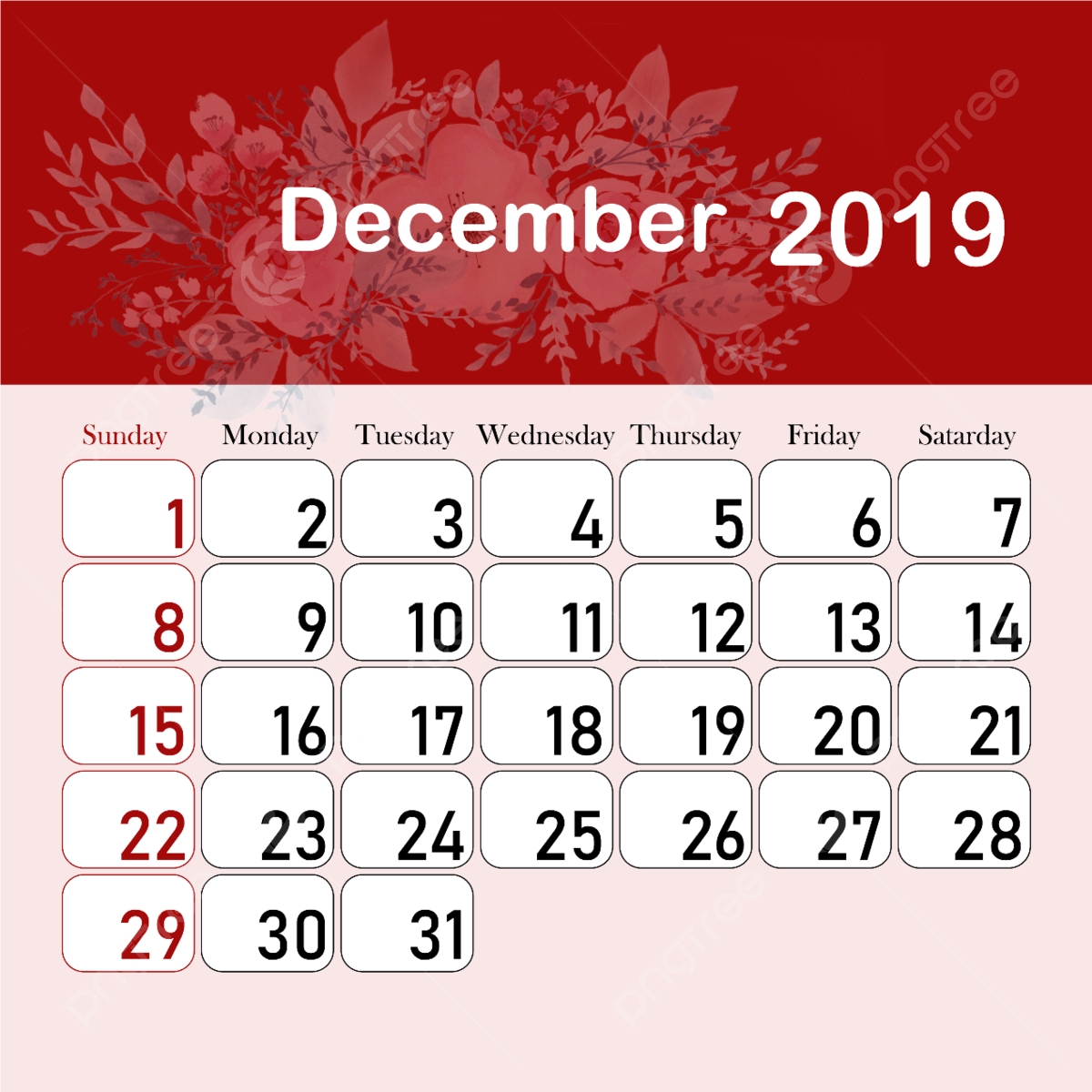 Month Calendar 2019 December Template Download On Pngtree