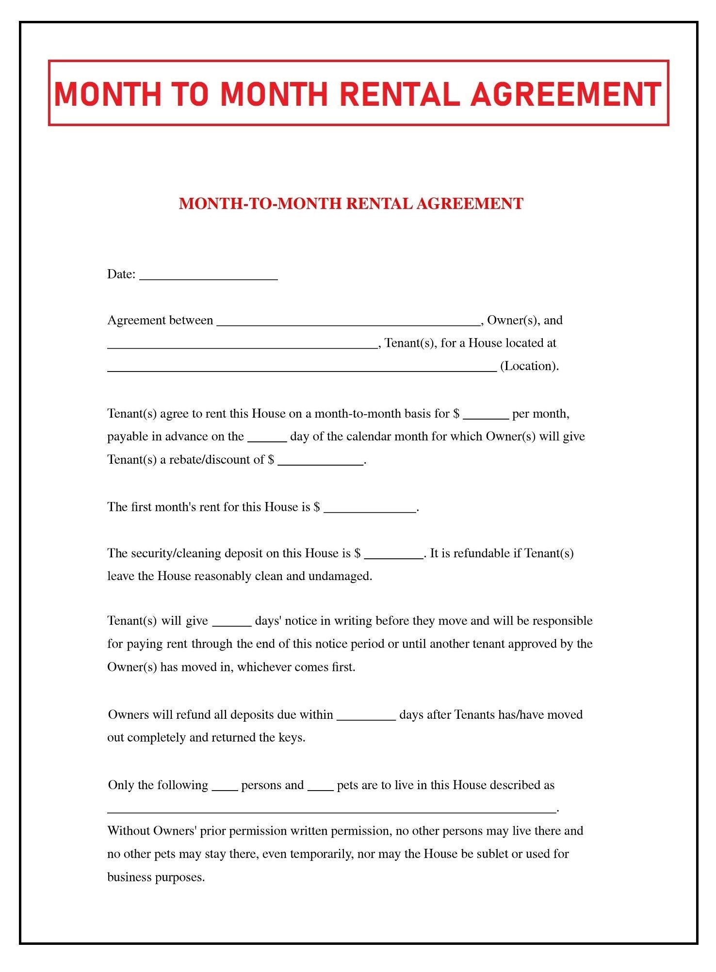 Month To Month Residential Lease Agreement Form Fill Out And Sign Printable PDF Template