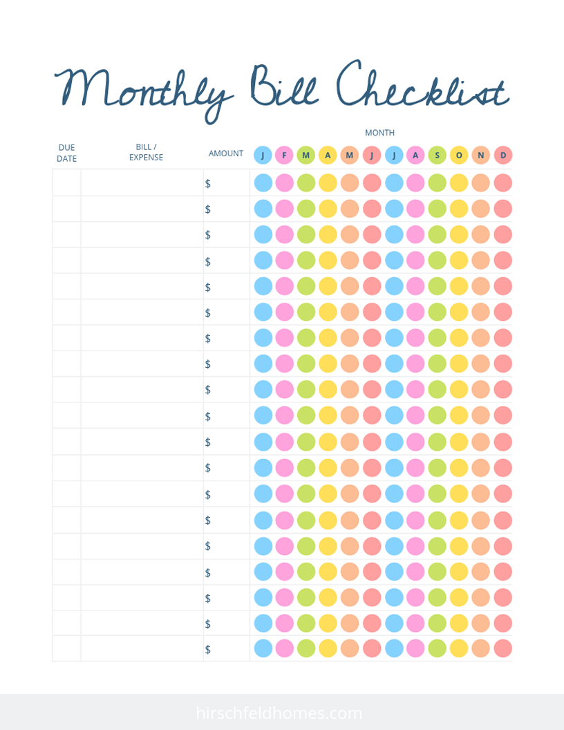 free printable bill checklist