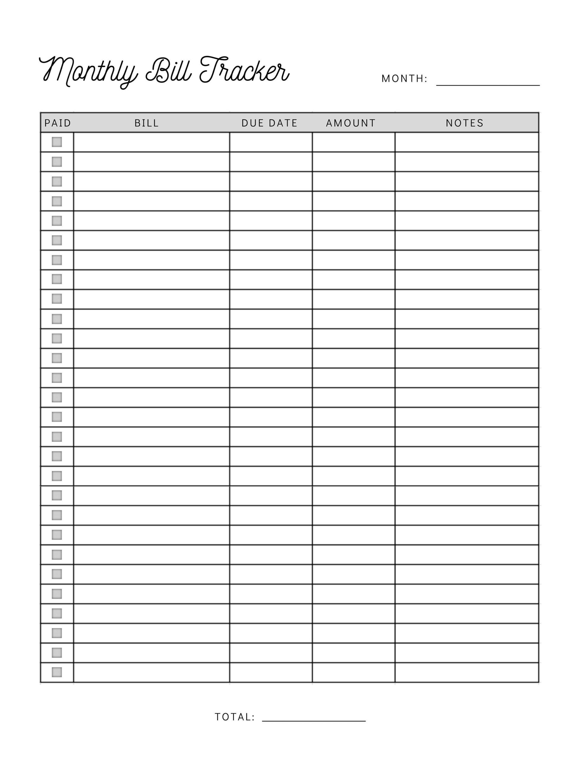 free printable monthly bill payment log