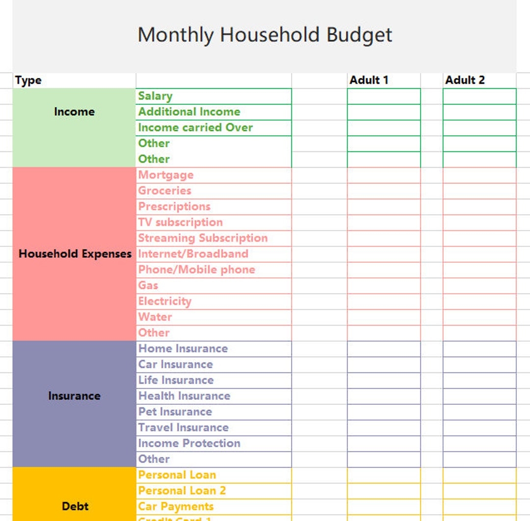 Monthly Household Budget Template Easy To Use Excel Spreadsheet Digital Download Etsy Australia