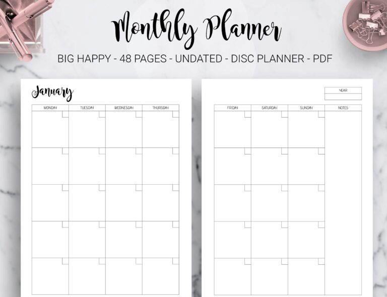 Monthly Planner Undated Month On Two Pages Monthly Calendar Inserts Journal Mambi Big Happy Planner HP Editable PDF Printable Inserts Etsy