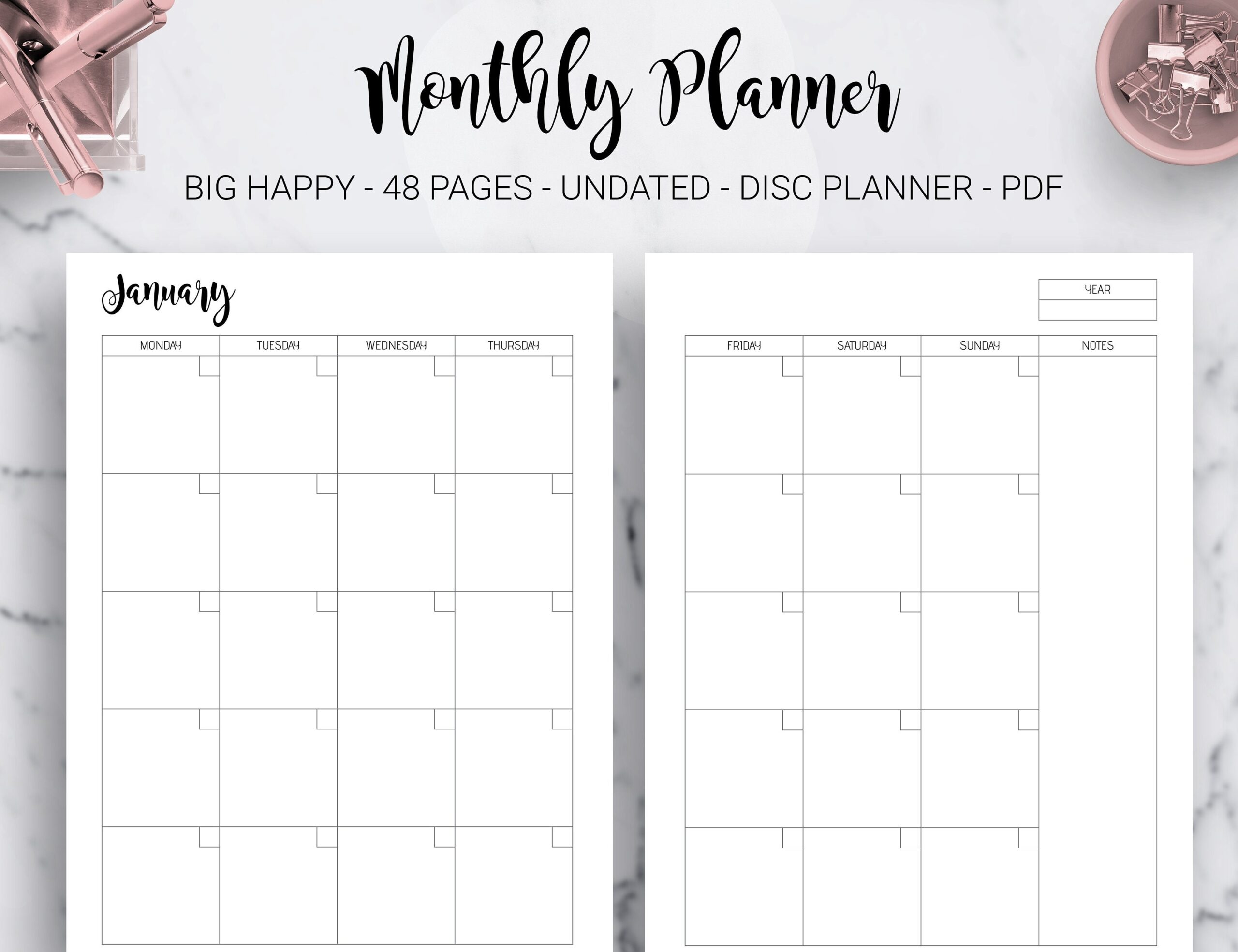 Monthly Planner Undated Month On Two Pages Monthly Calendar Inserts Journal Mambi Big Happy Planner HP Editable PDF Printable Inserts Etsy