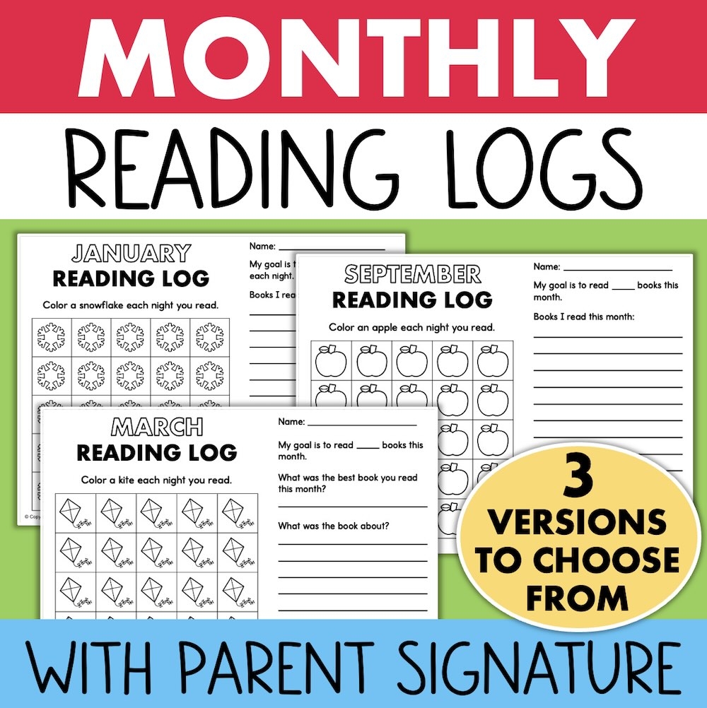 Monthly Reading Log With Parent Signature For The Whole Year 