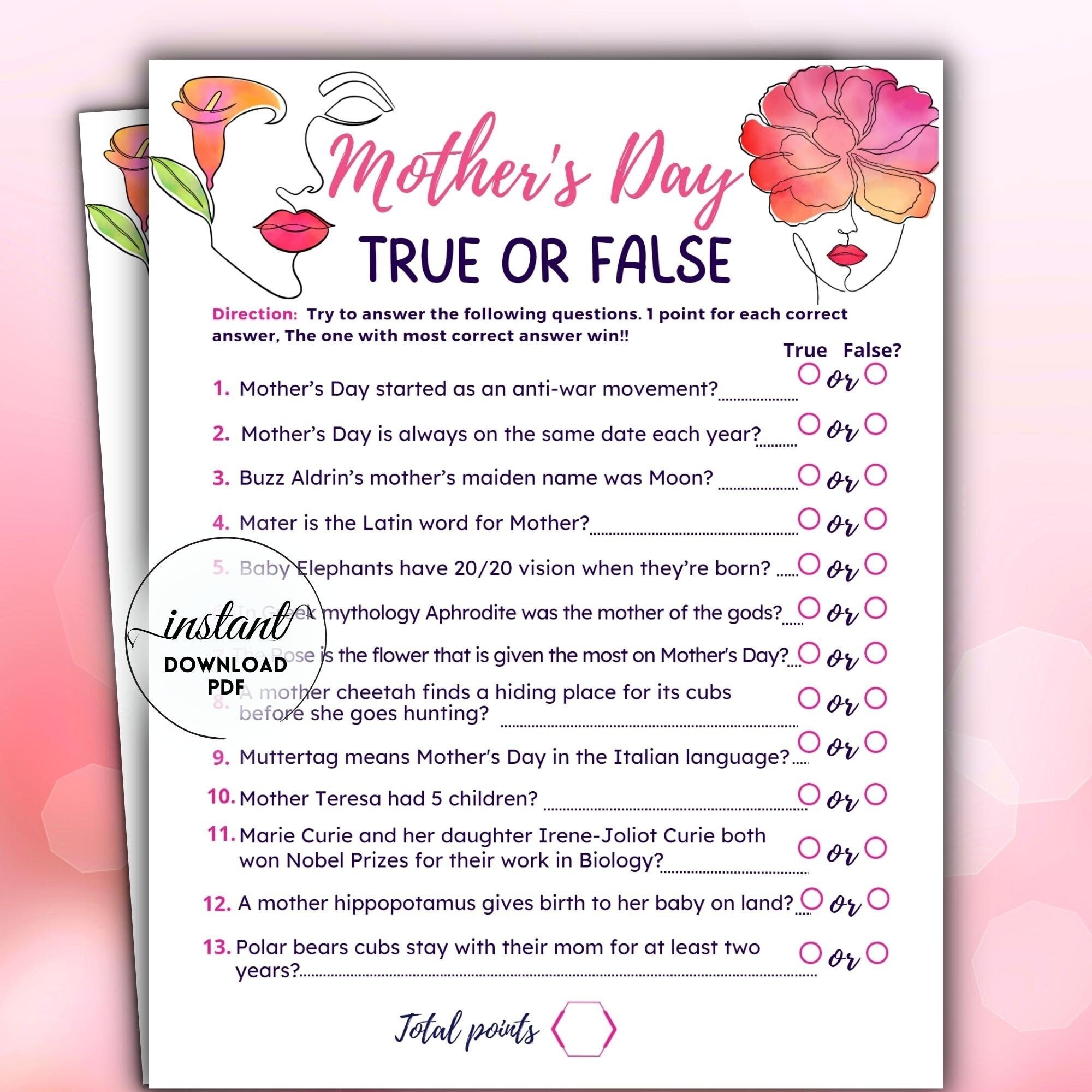 Mother s Day Trivia Quiz True Or False Game Mother Day Trivia Game Printable Mothers Day Party Game Mothers Day Game Brunch Games Etsy