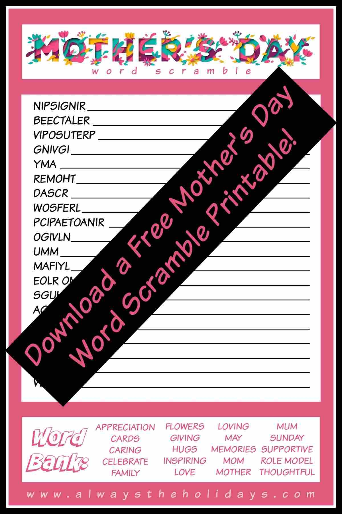 Mother s Day Word Scramble Puzzle Free Mother s Day Printable
