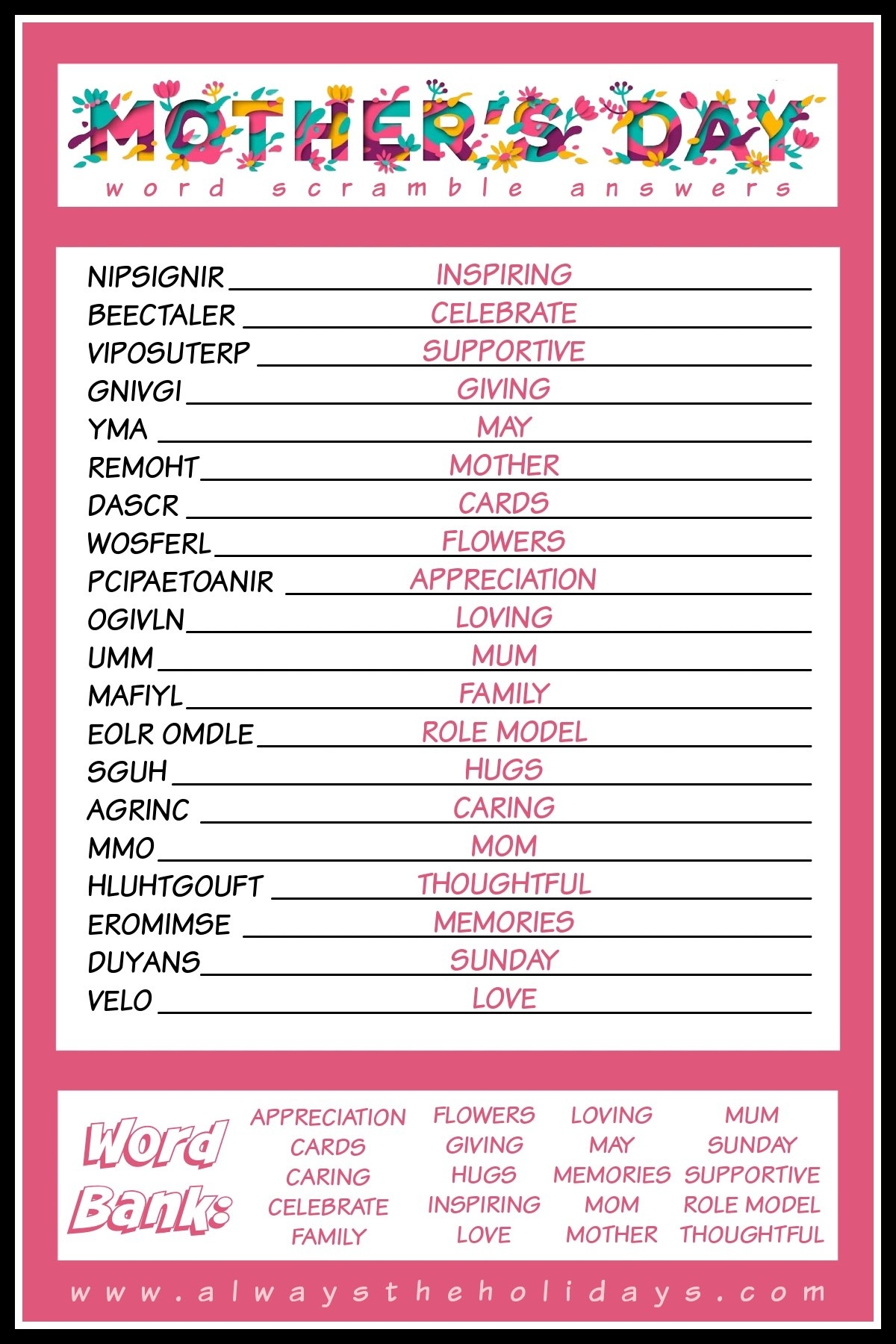 Mother s Day Word Scramble Puzzle Free Mother s Day Printable
