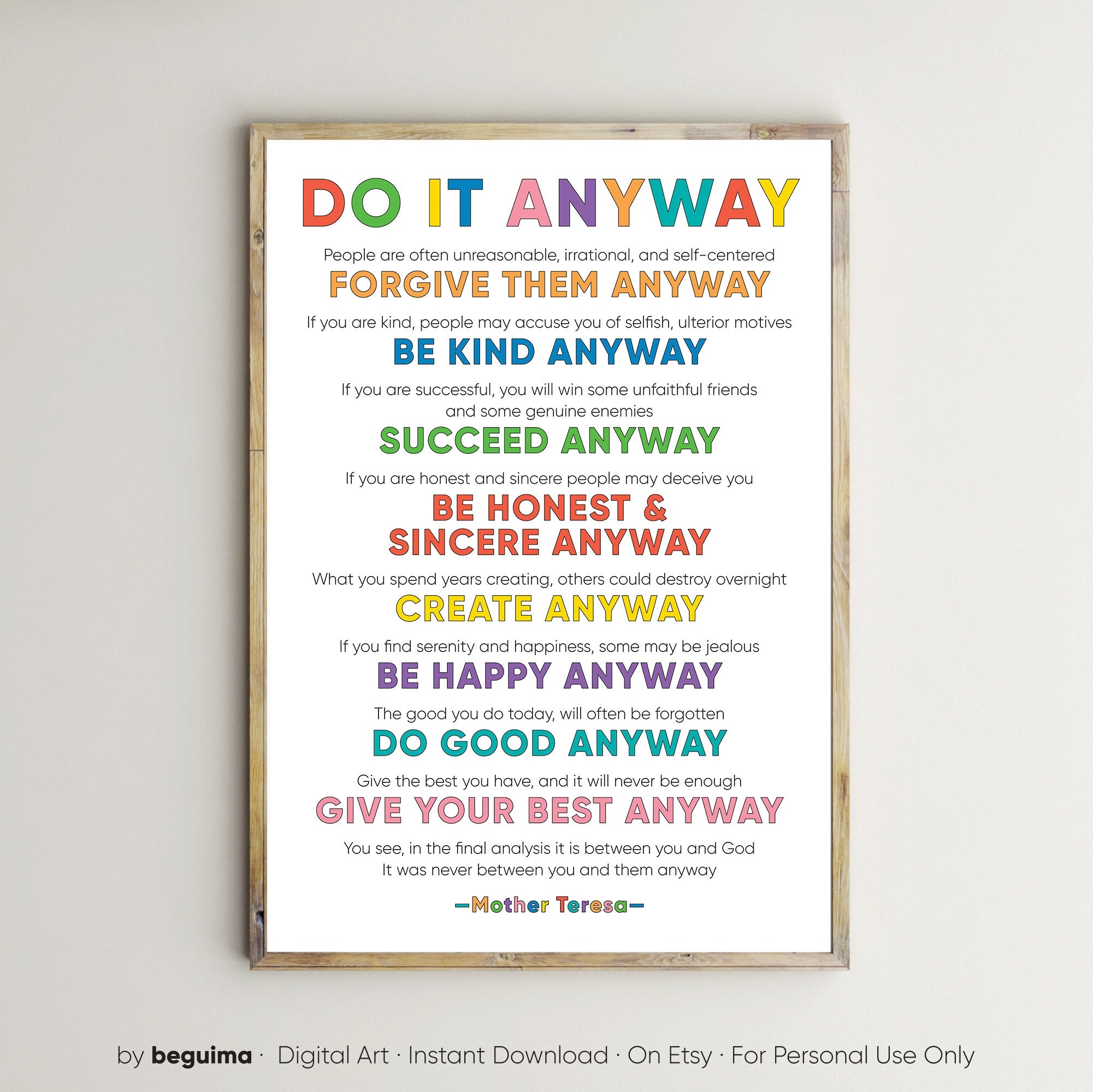 Mother Teresa Print do It Anyway inspirational Quotes poster wall 