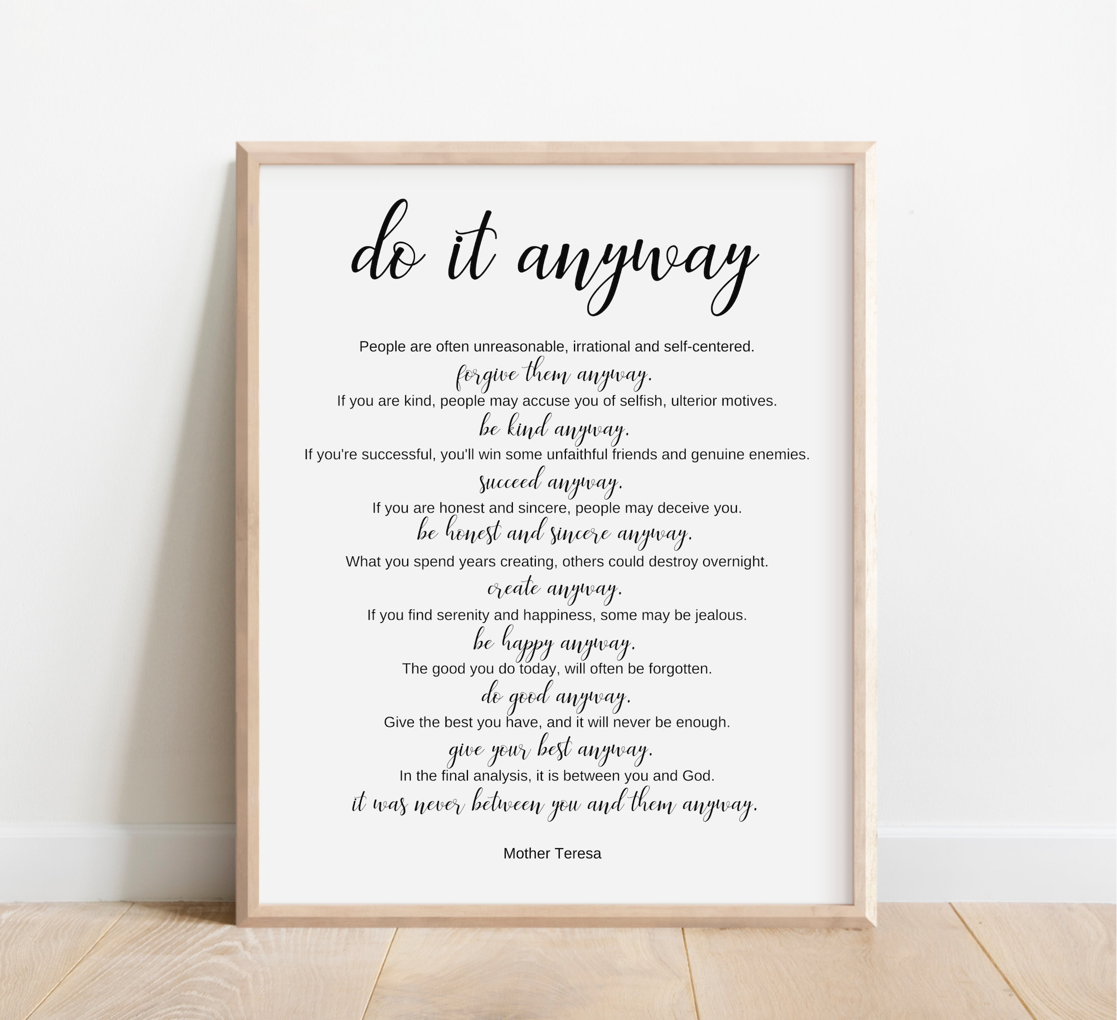 Mother Teresa Quote Do It Anyway Inspirational Wall Art Motivational Poster Graduation Gift Therapist Office Decor School Counselor Etsy