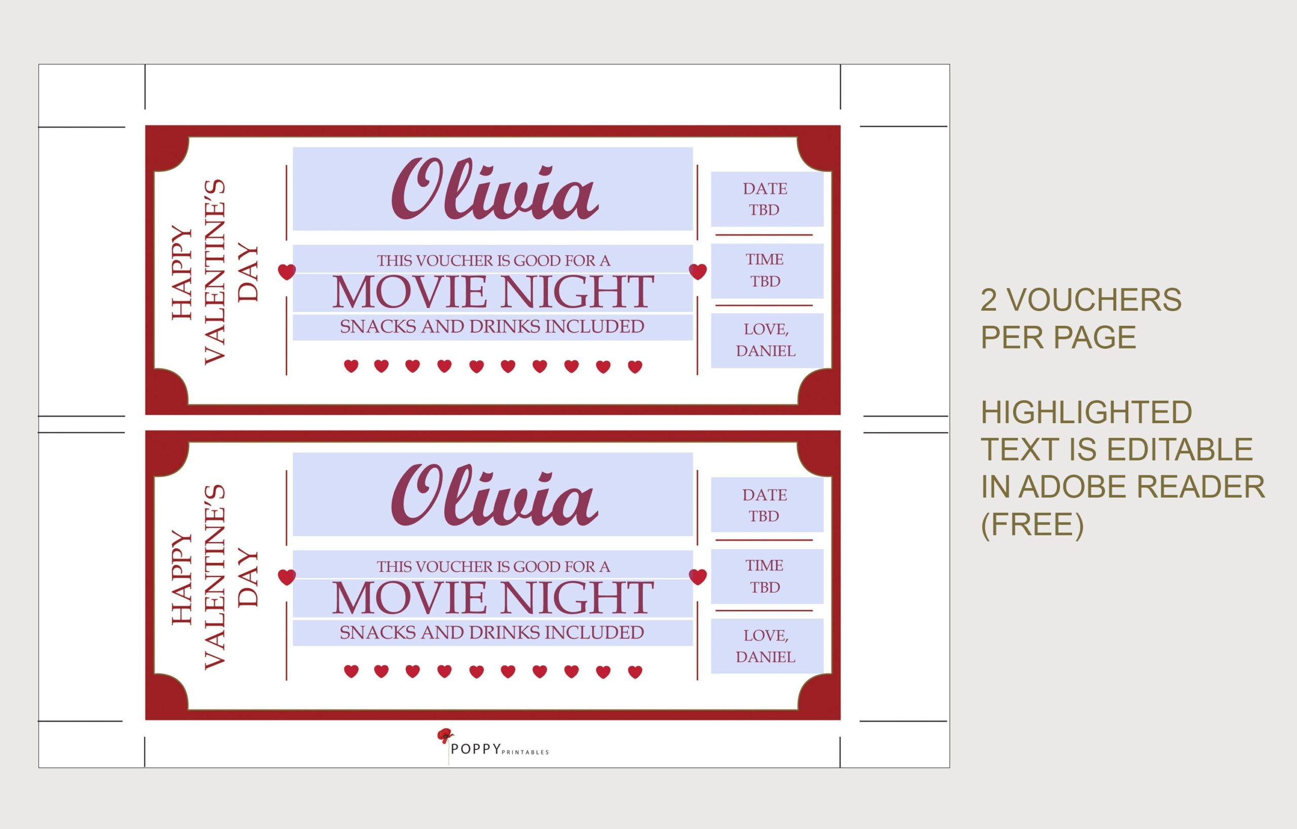 Movie Night Coupon Voucher Valentine s Day INSTANT DOWNLOAD EDITABLE Text Printable Personalized Ticket Certificate Last Minute Etsy