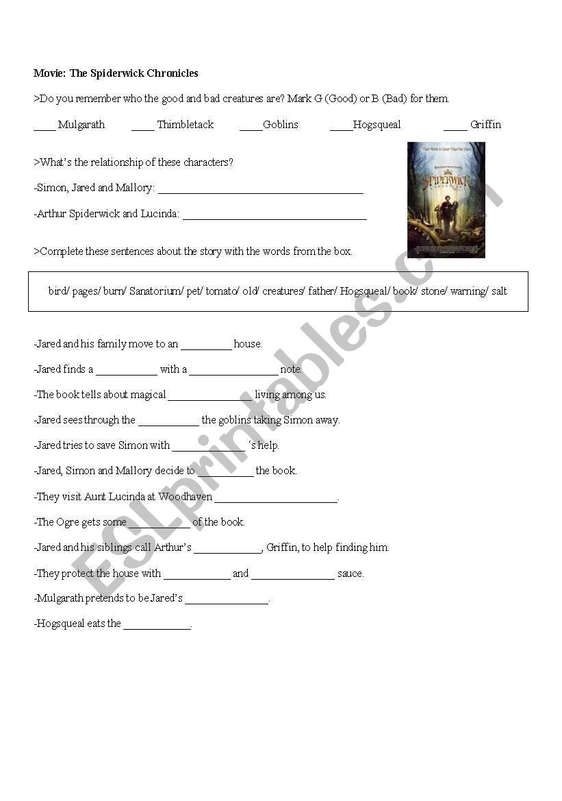 Movie The Spiderwick Chronicles With Keys ESL Worksheet By Nanda83