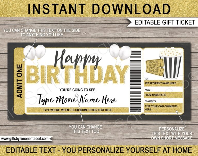 Movie Ticket Template Gift Certificate Voucher Birthday Movie Night Printable Theatre Cinema Premier DIY Coupon EDITABLE Text DOWNLOAD Etsy