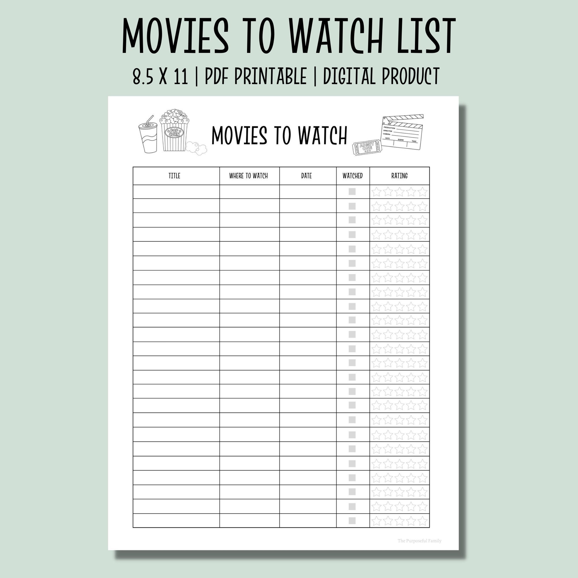 Movies To Watch Printable List Movie Tracker Instant Download 