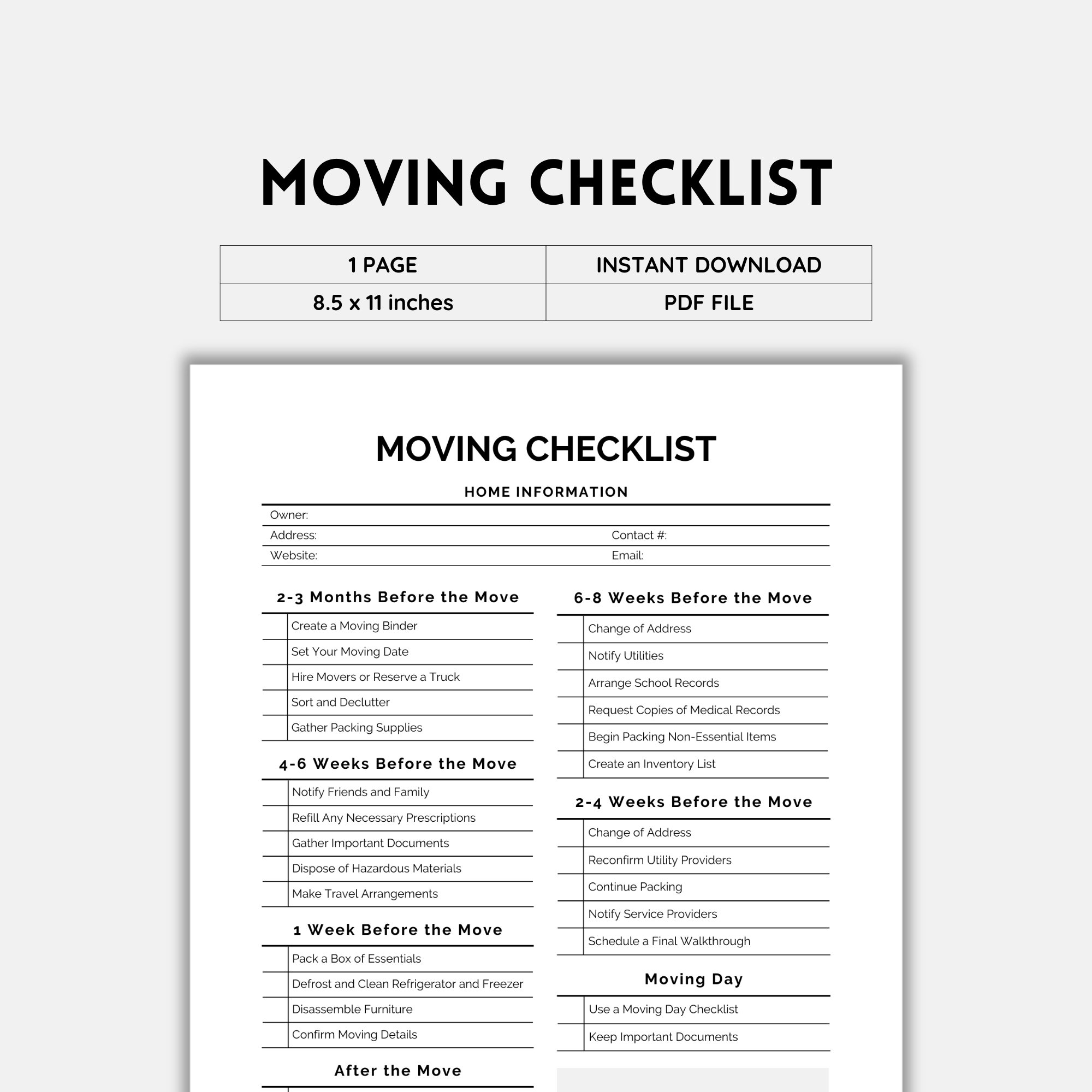 Moving Checklist Moving Planner Moving Printable Moving List 