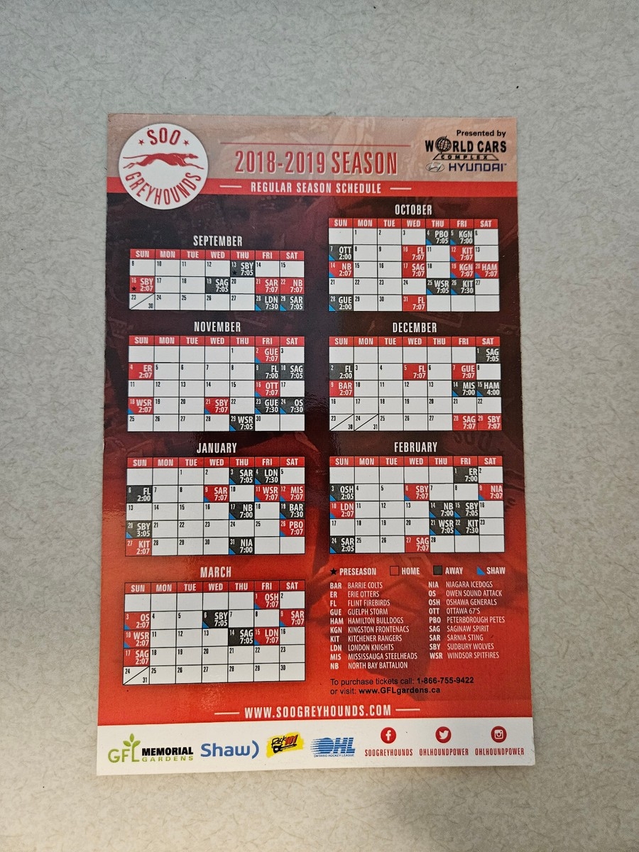 MS20 SOO Greyhounds 2018 19 OHL Hockey Magnet Schedule Multi 