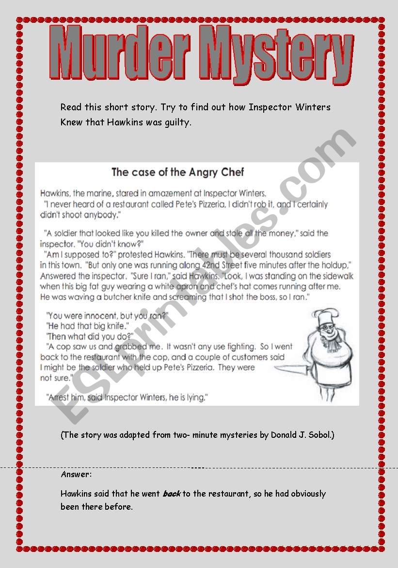 Murder Mystery The Angry Chef ESL Worksheet By Valentinaper