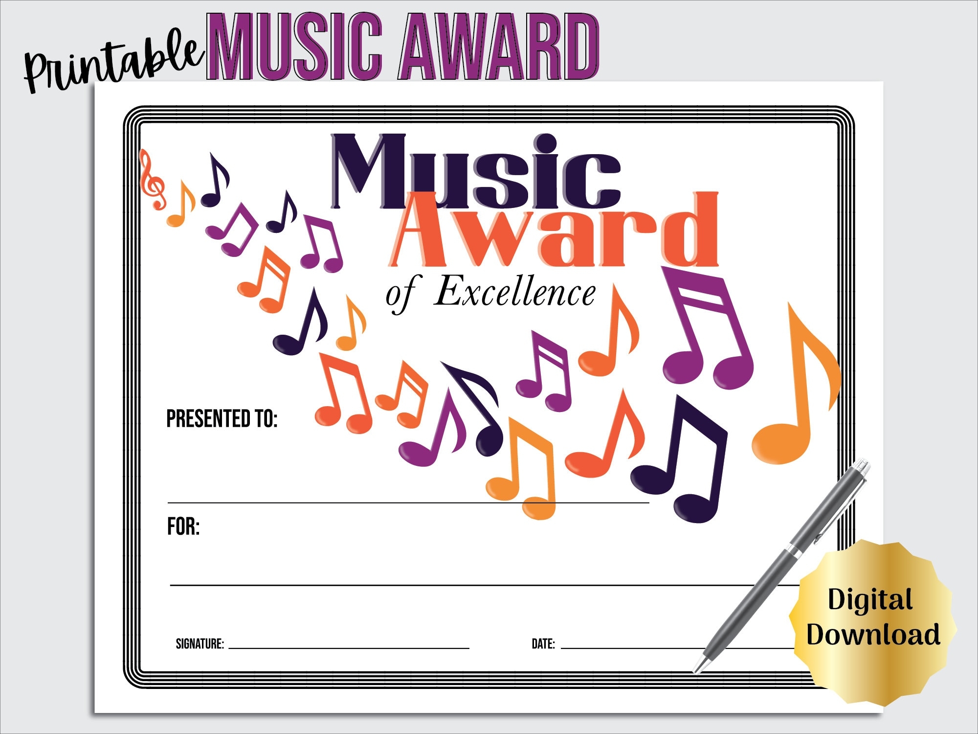 Music Certificates Music Achievement Certificate Award 8 5x11