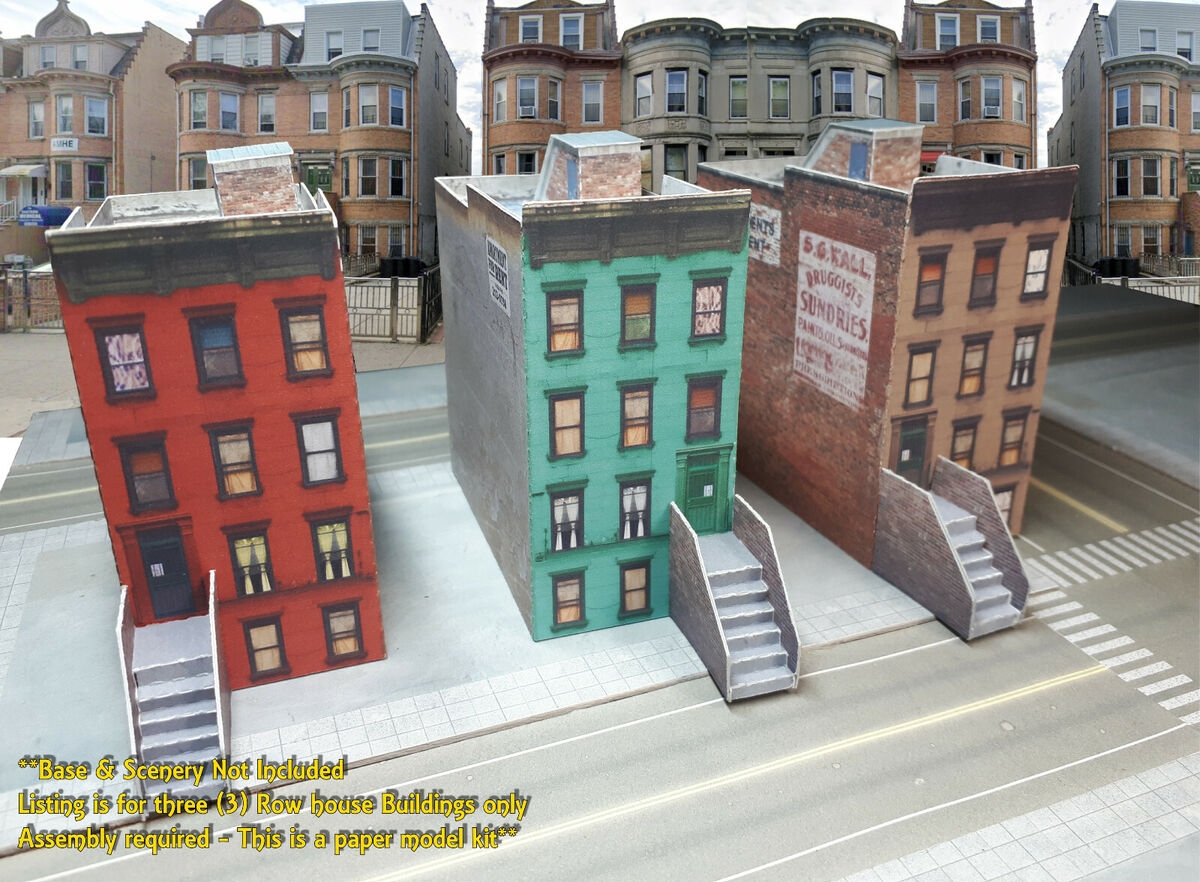 N Scale Buildings 3 Row Houses PRE CUT Cardstock PAPER Kit 