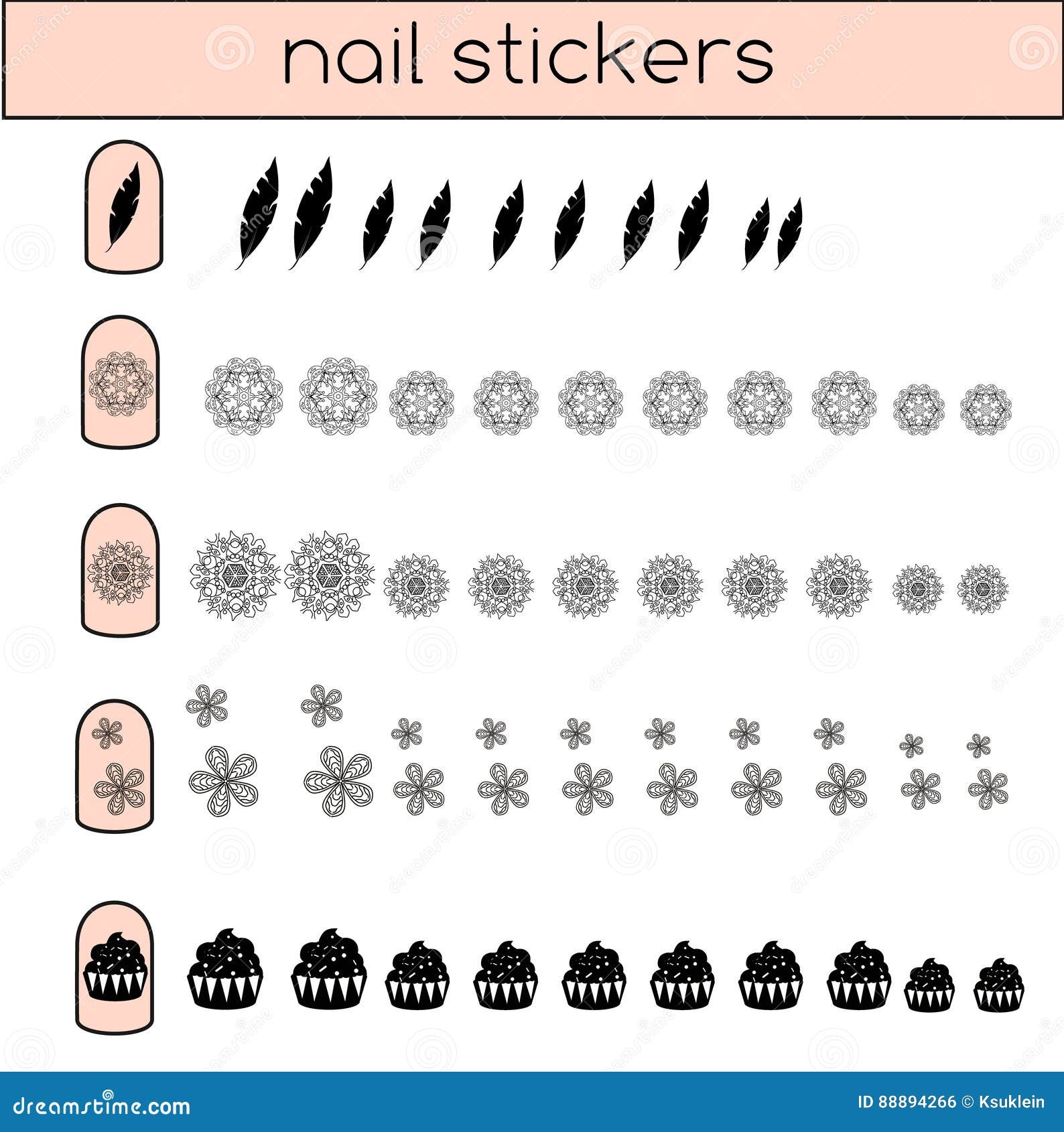 Nail Stickers Set Manicure Nail Art Collection Printable Decorative Elements For Female Fingers Stock Vector Illustration Of Feminine Ornament 88894266