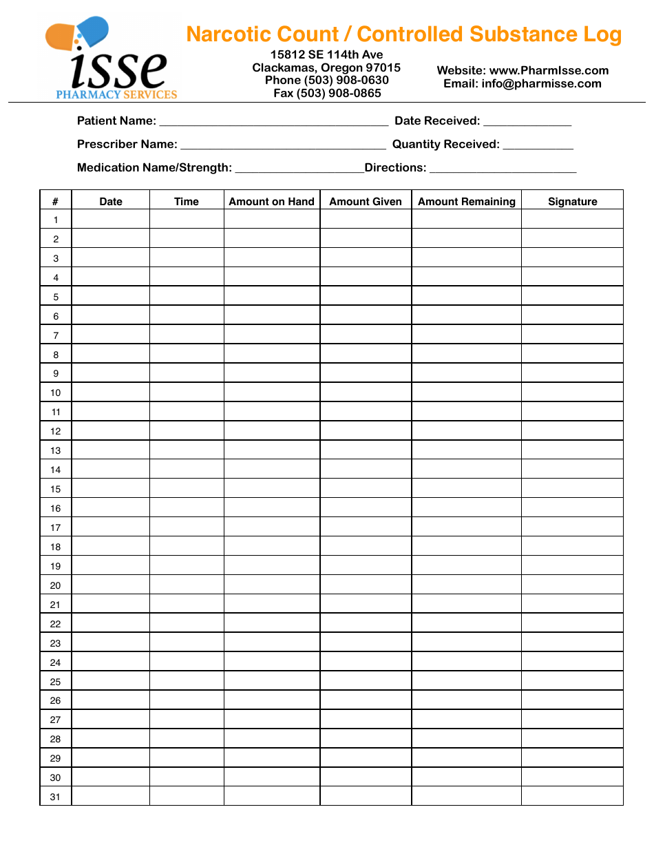 Narcotic Count Controlled Substance Log Isse Pharmacy Services 