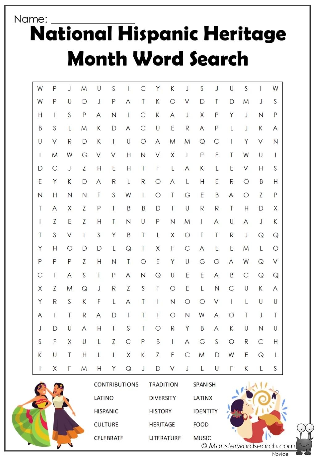 National Hispanic Heritage Month Word Search Monster Word 
