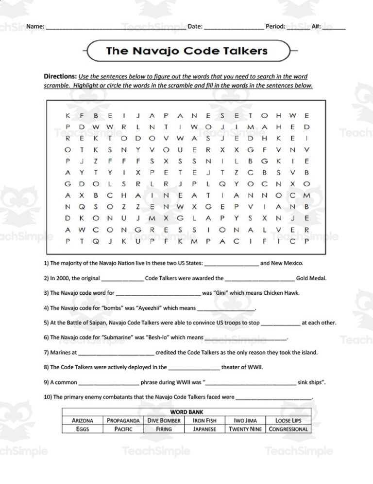 Navajo Code Talkers Fill In The Blank Worksheet