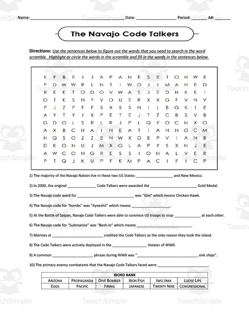 Navajo Code Talkers Fill In The Blank Worksheet