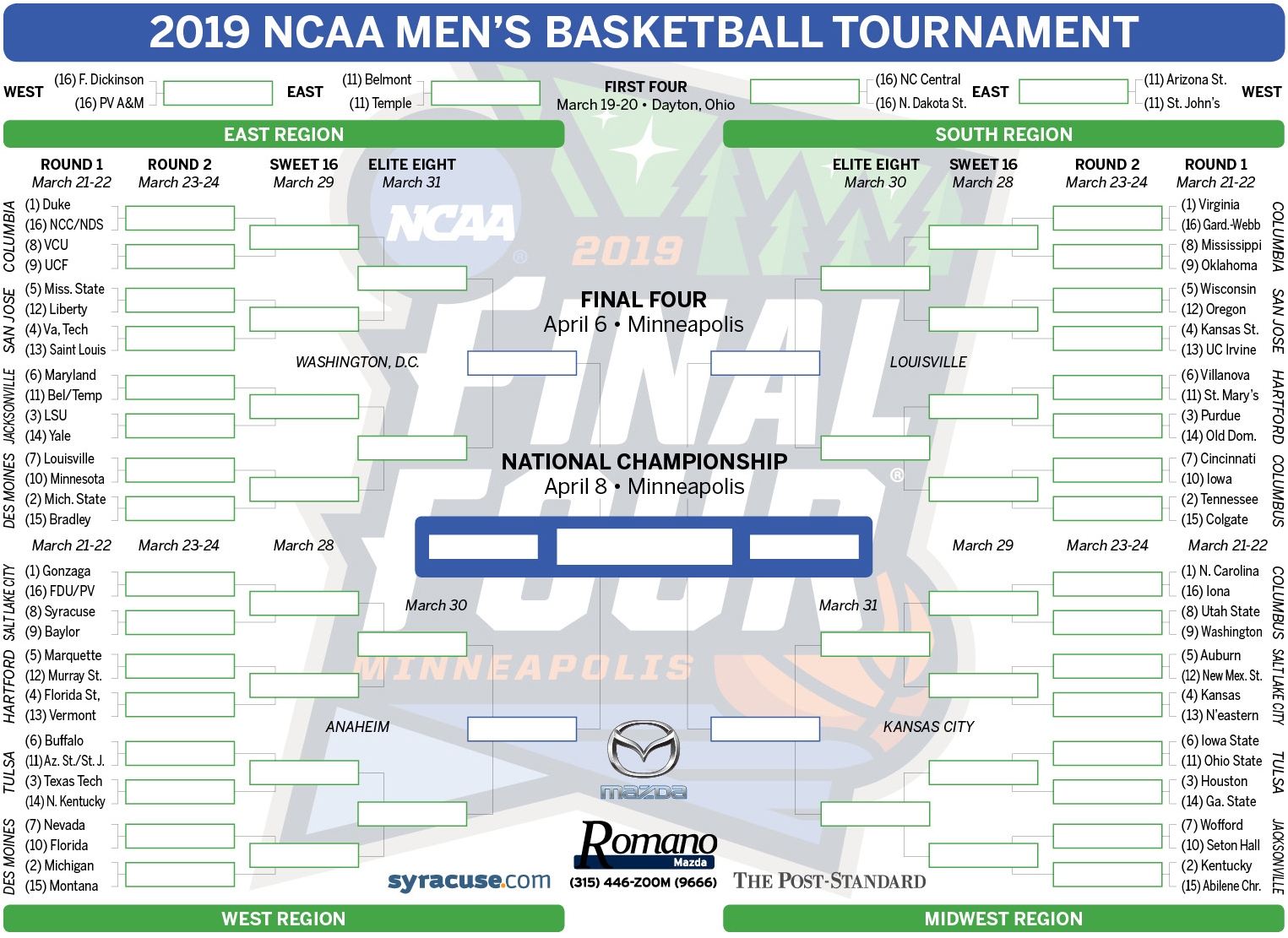 NCAA Bracket 2019 Tournament Teams Set Print Your Men s 