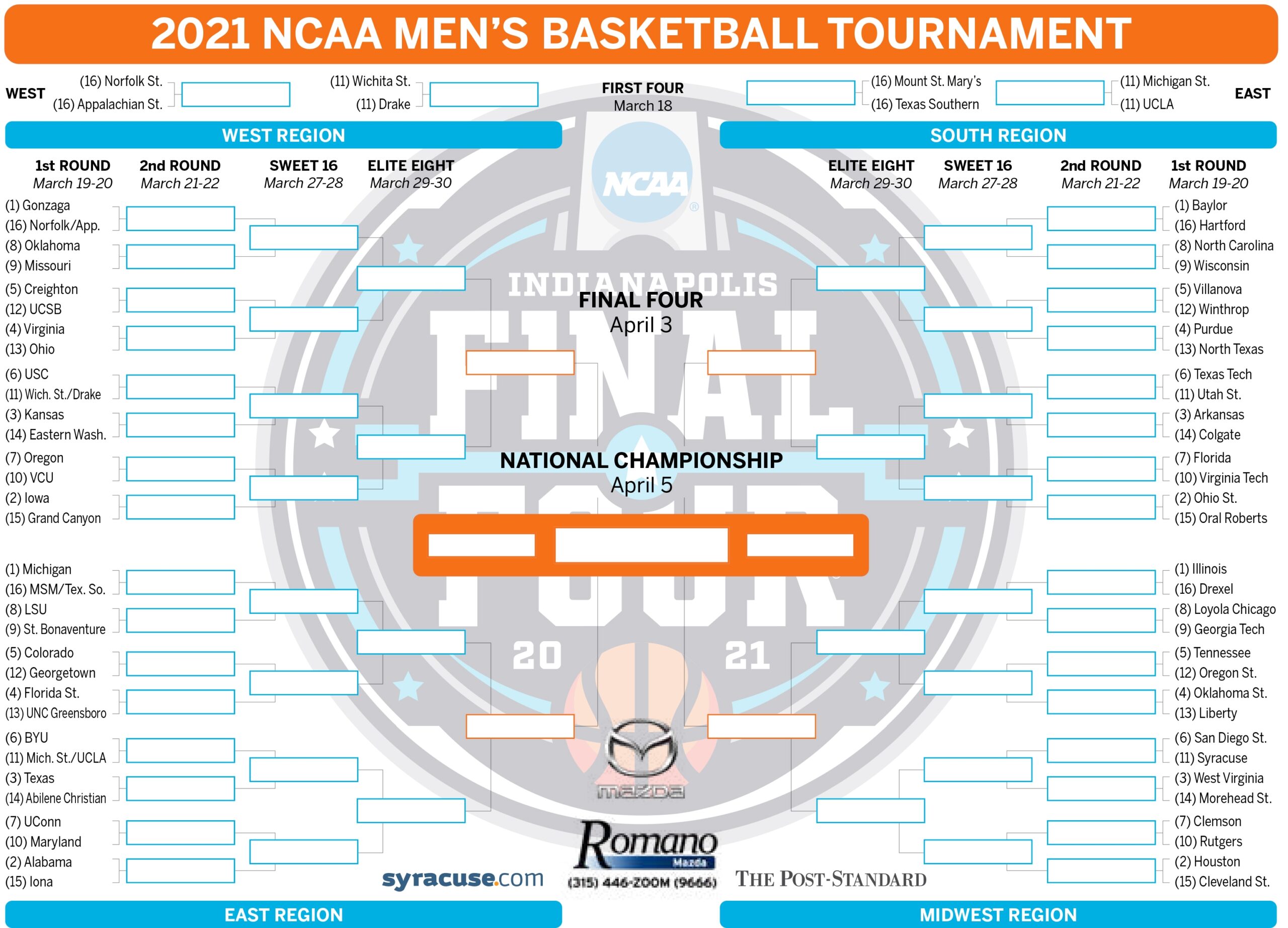 NCAA Bracket 2021 Tournament Teams Set Print Your Men s 