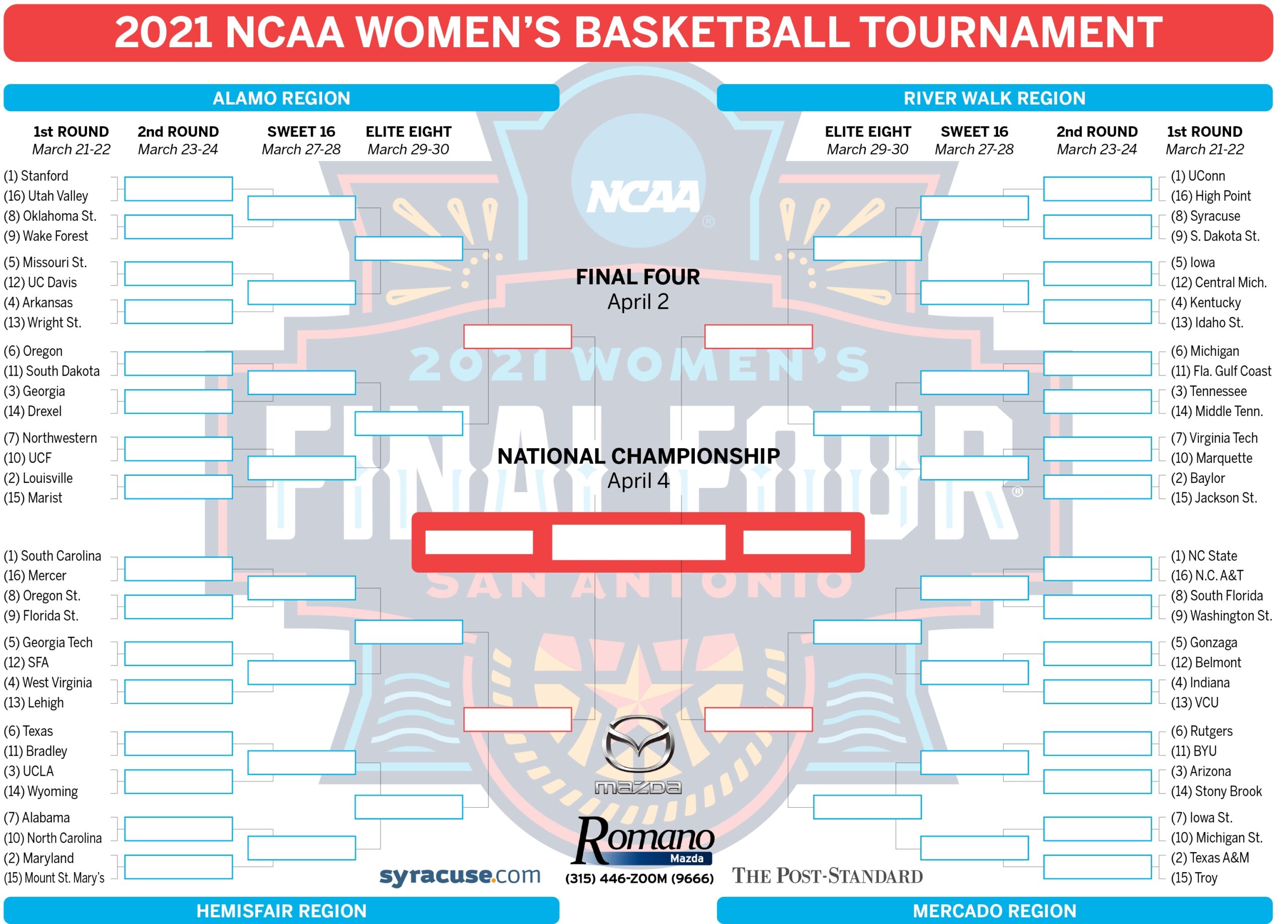 NCAA Tournament Bracket 2021 Teams Set Print Your Women s 