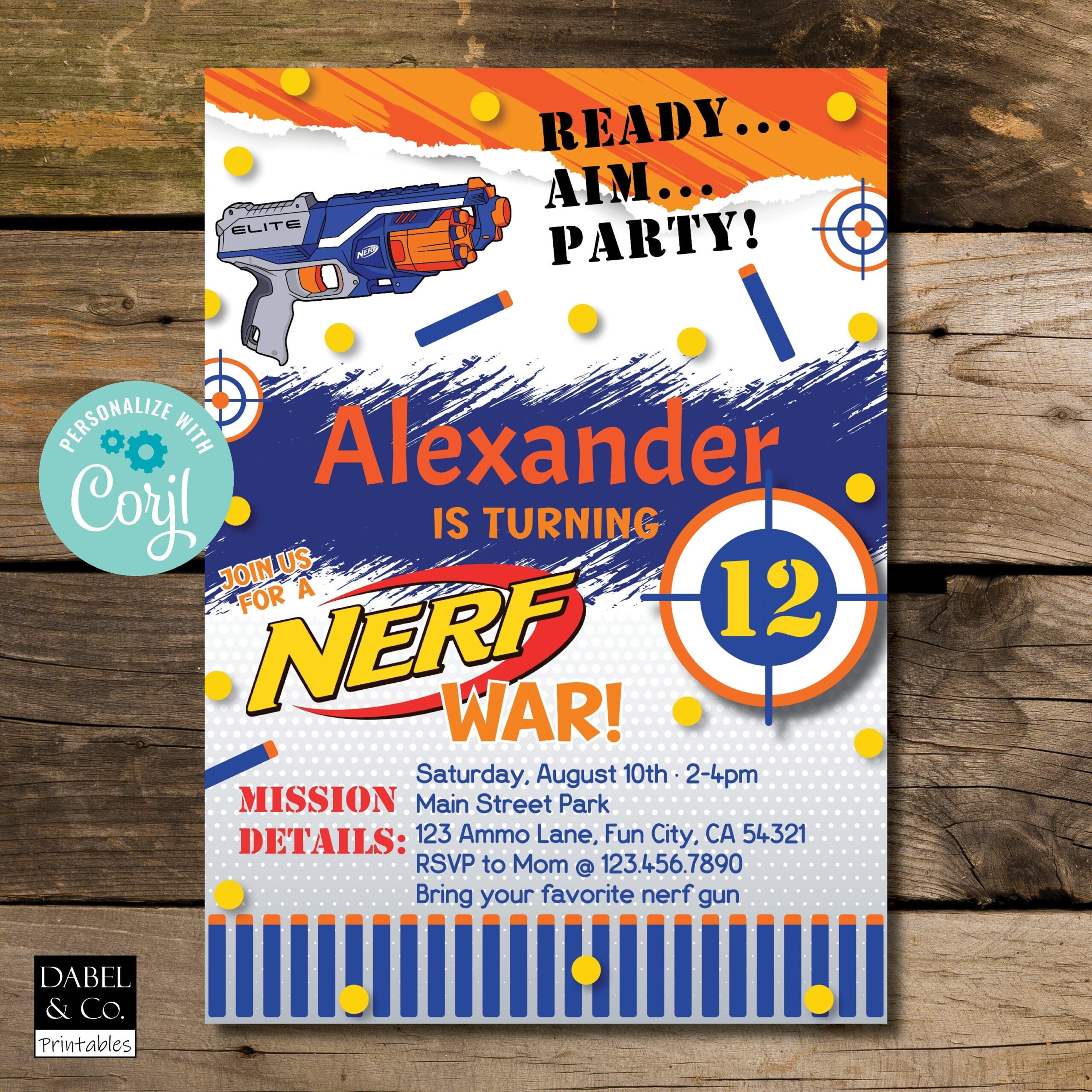 Nerf Birthday Invitation Nerf War Dart Gun Battle Editable 