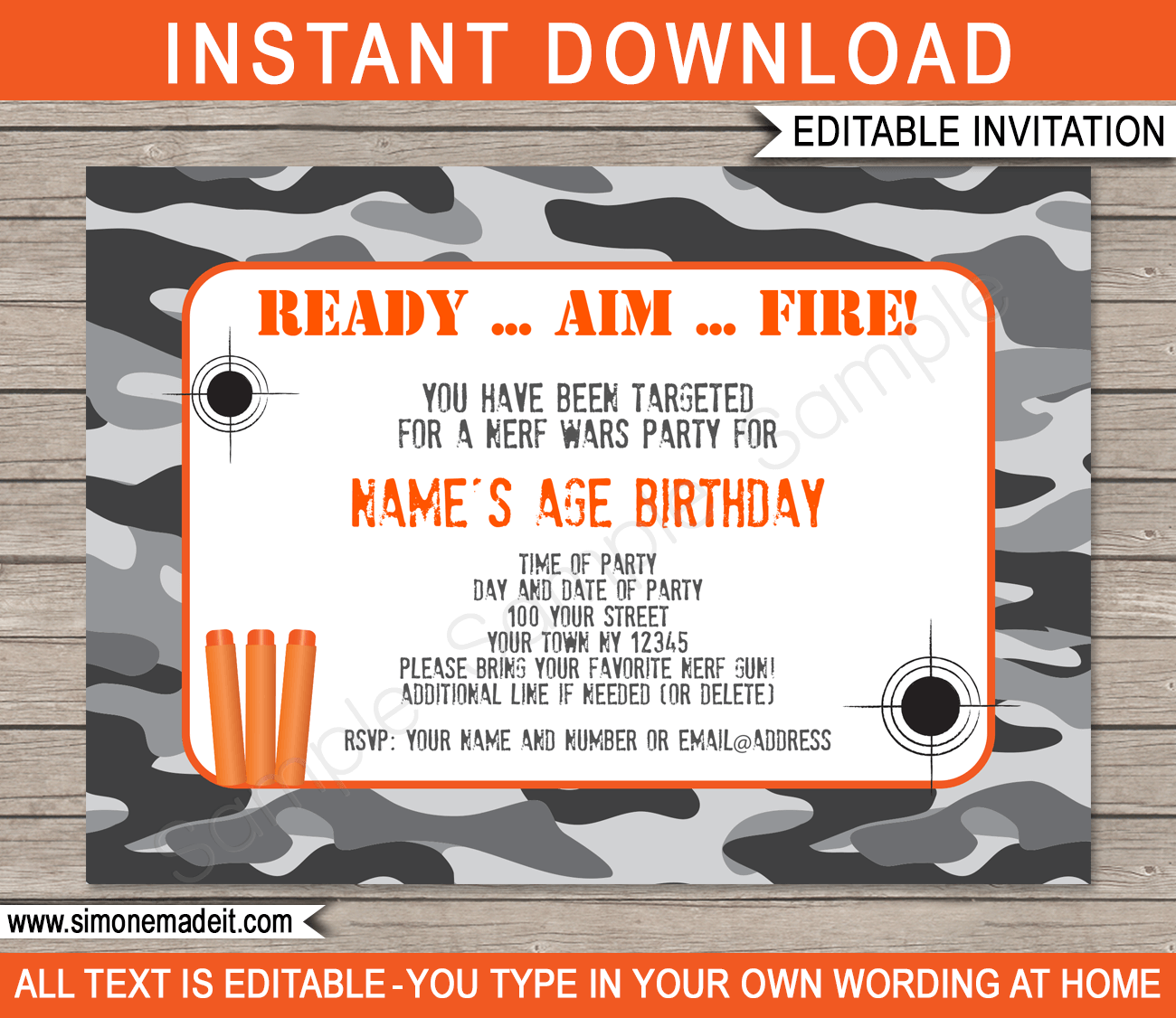 Nerf Party Invitations Template Gray Camo