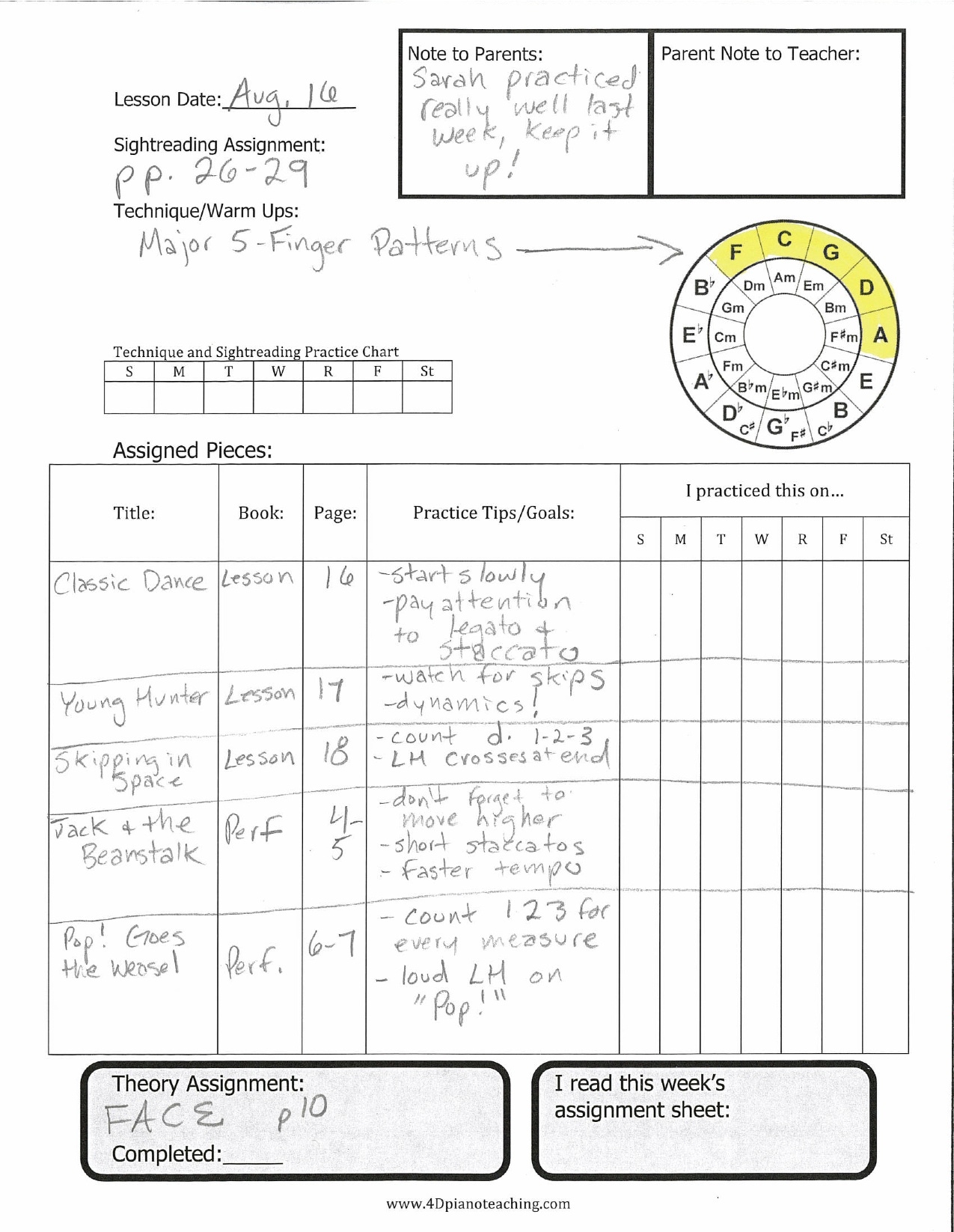 New Assignment Sheet Free Printable 4dpianoteaching