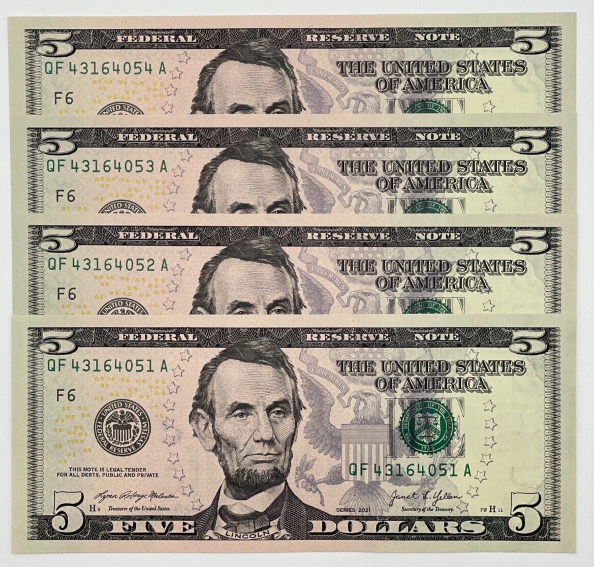 NEW Uncirculated Five Dollar Bills Series 2021 5 Sequential Bank Notes LOT Of 4 Peghasus
