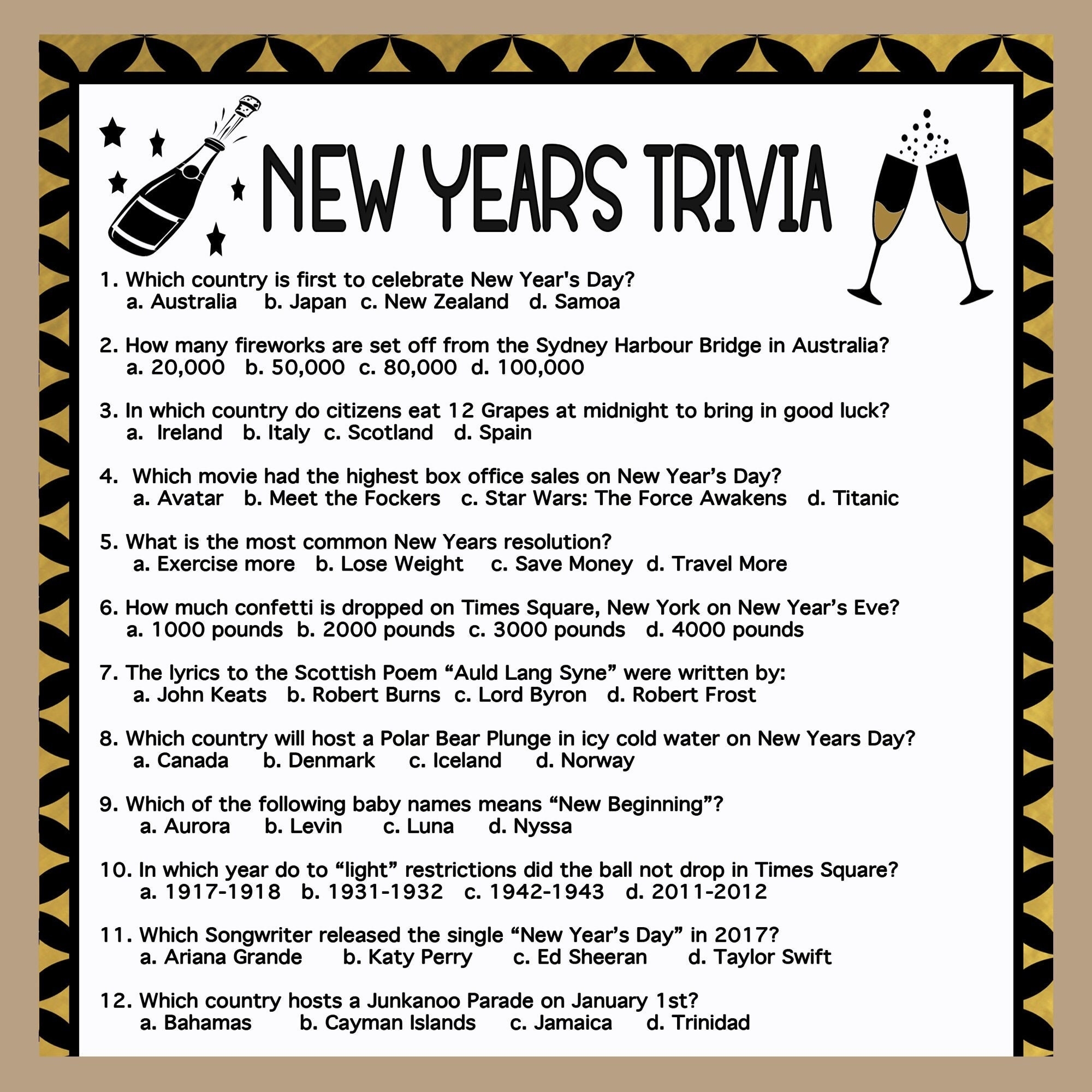 New Years Trivia Game New Years Eve Trivia Game 2024 Printable 